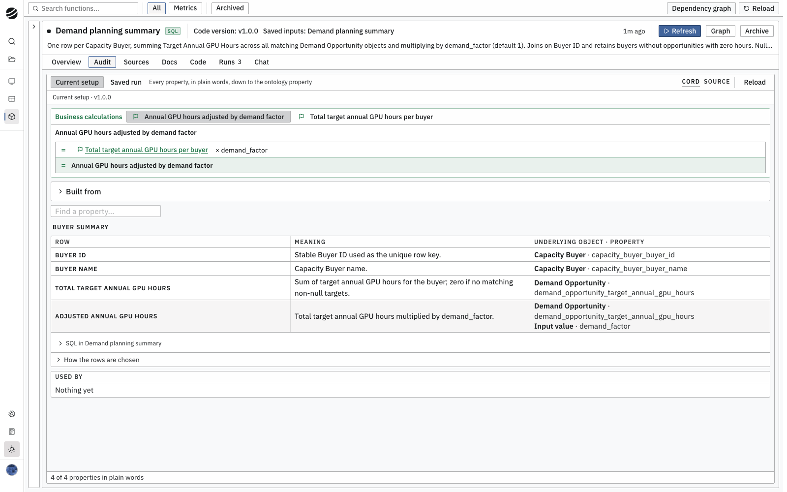 Audit traces output properties to the ontology and input values.