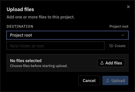 Upload files dialog with destination and file selection controls