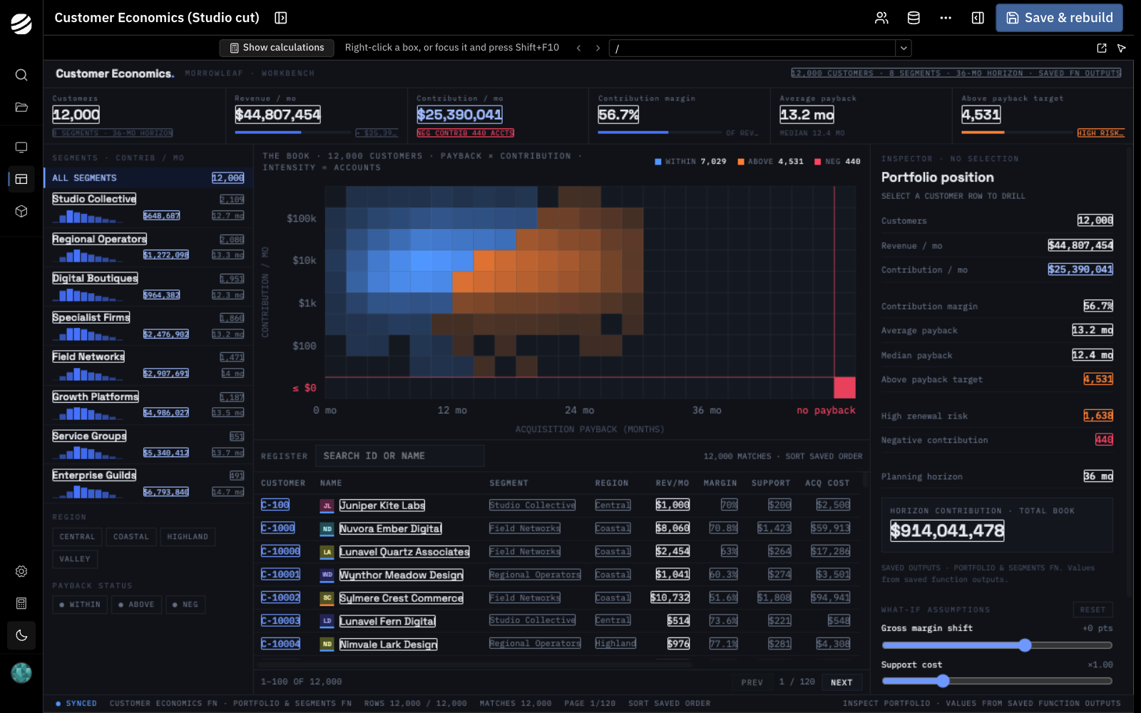 Customer economics in Application Studio with Show calculations enabled and values outlined across portfolio totals, segments, customer rows, and the portfolio inspector