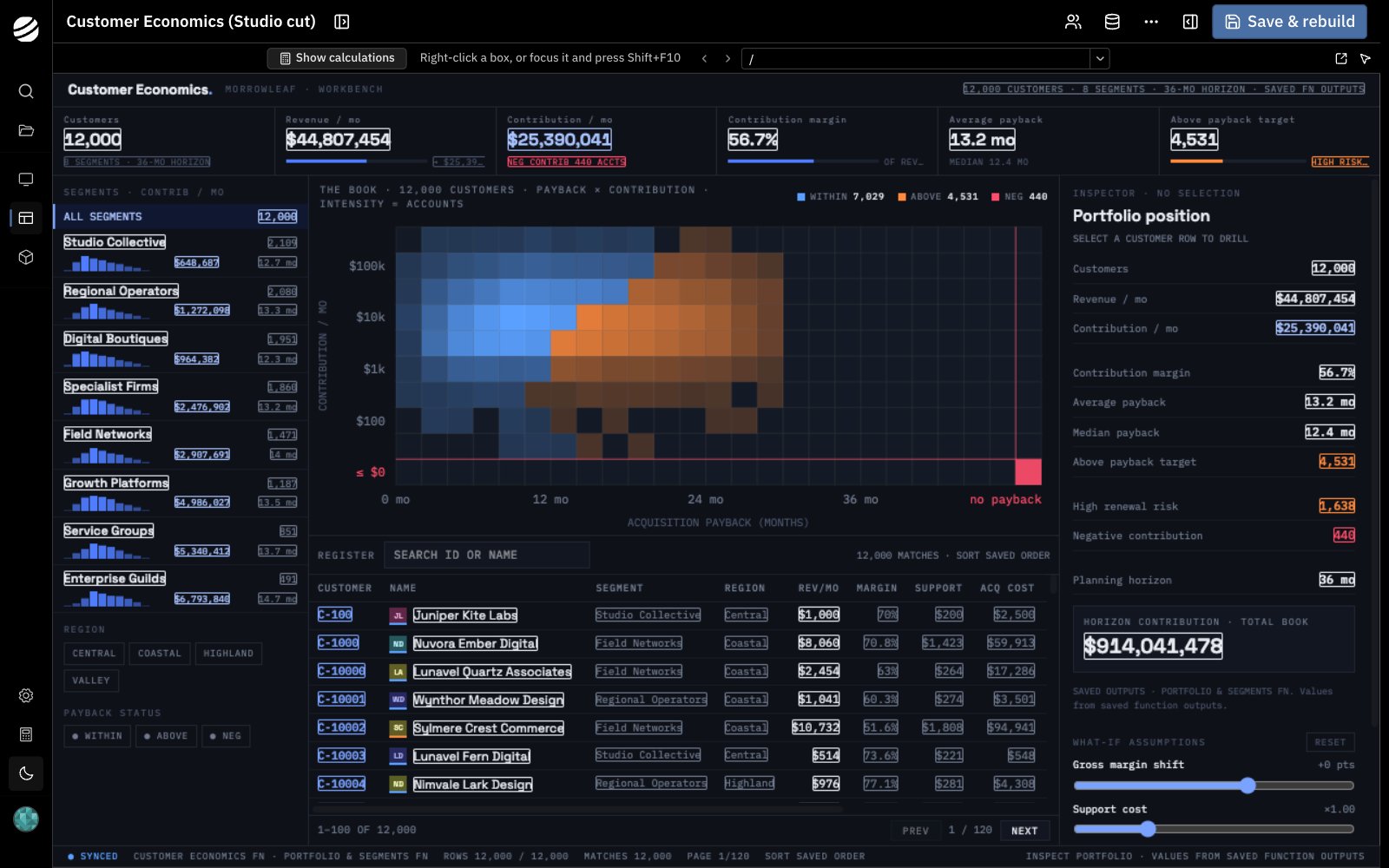 Customer economics in Application Studio with Show calculations enabled and values outlined across portfolio totals, segments, customer rows, and the portfolio inspector