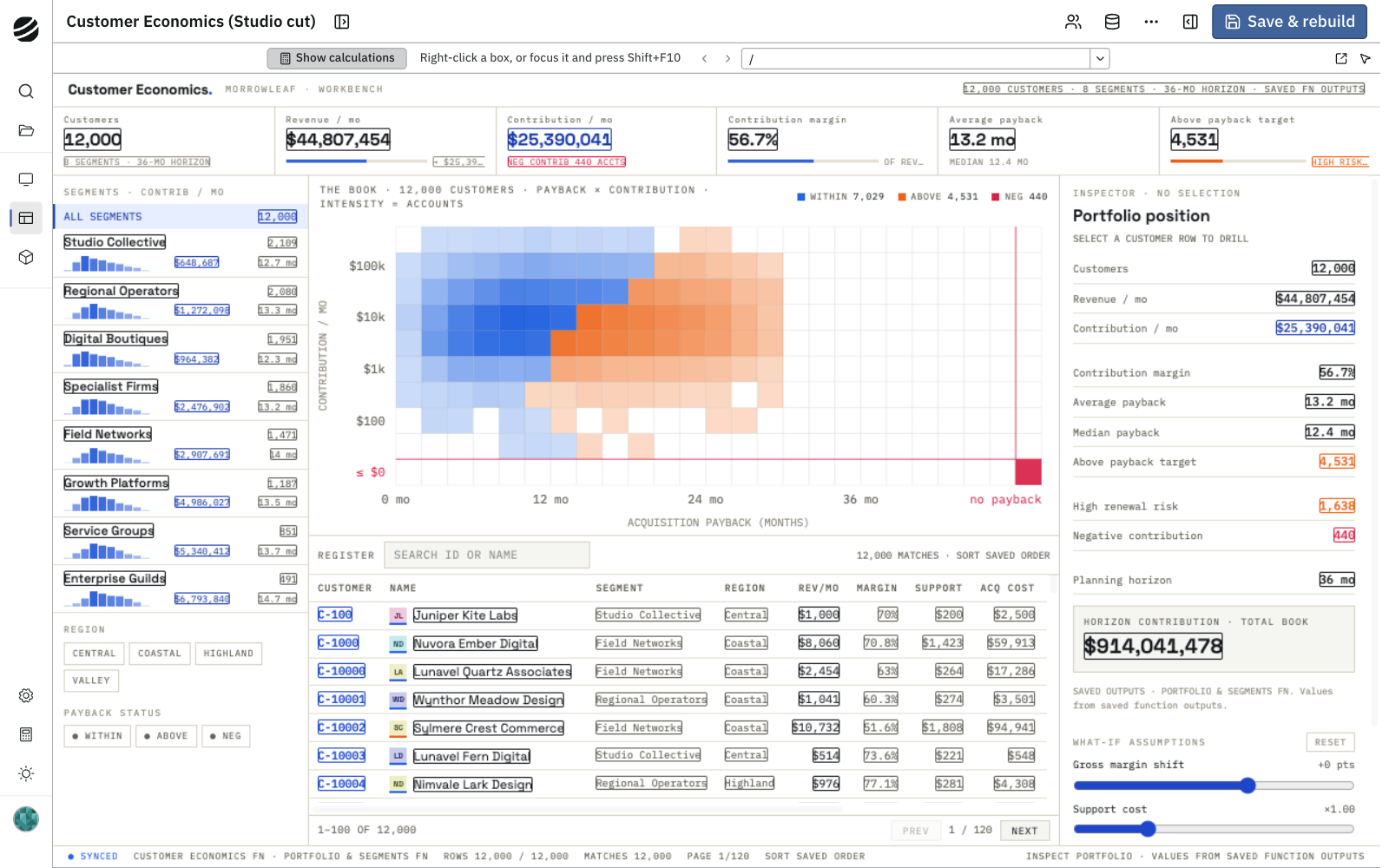 Customer economics in Application Studio with Show calculations enabled and values outlined across portfolio totals, segments, customer rows, and the portfolio inspector