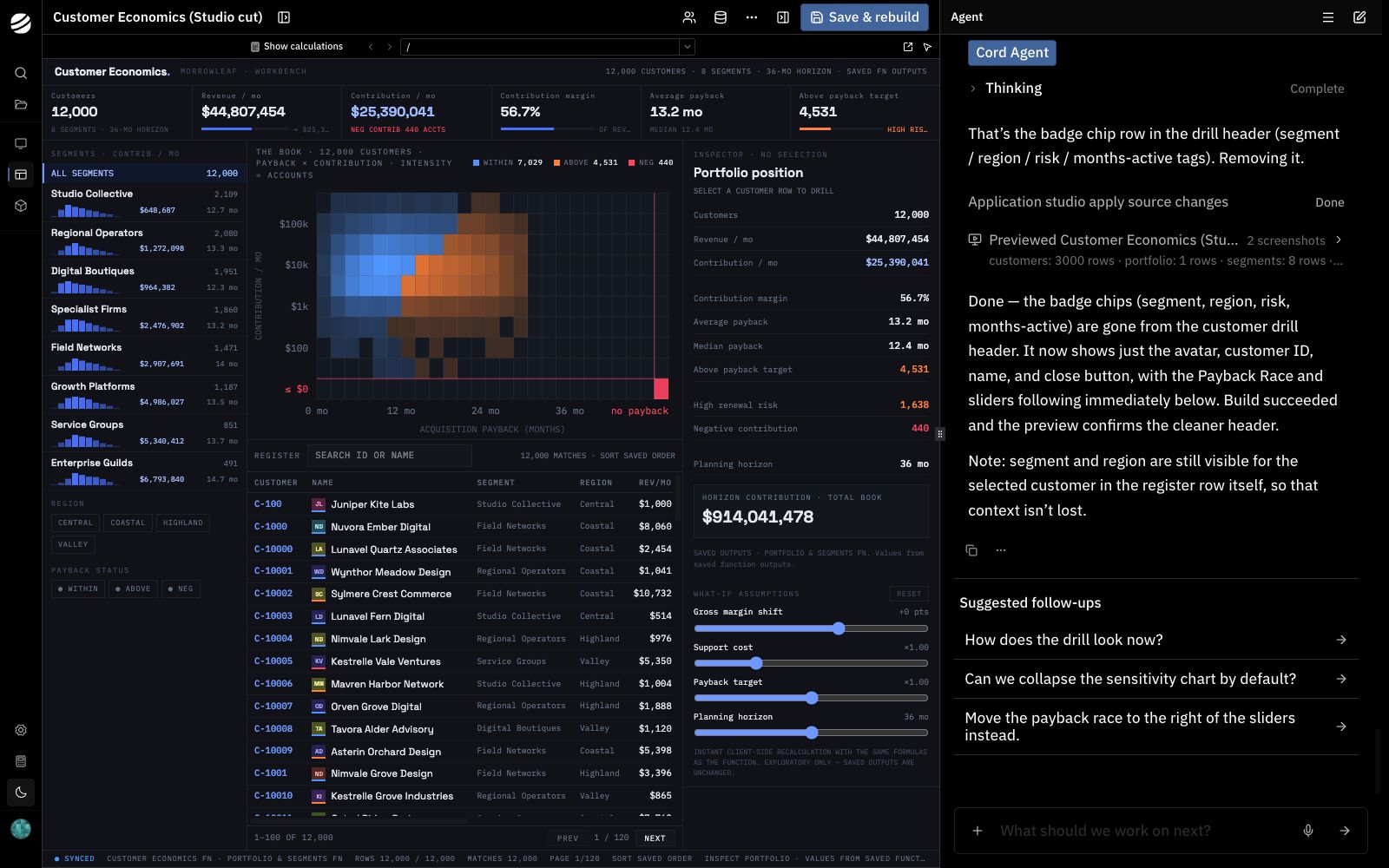 Application Studio with the app preview on the left and the agent chat on the right