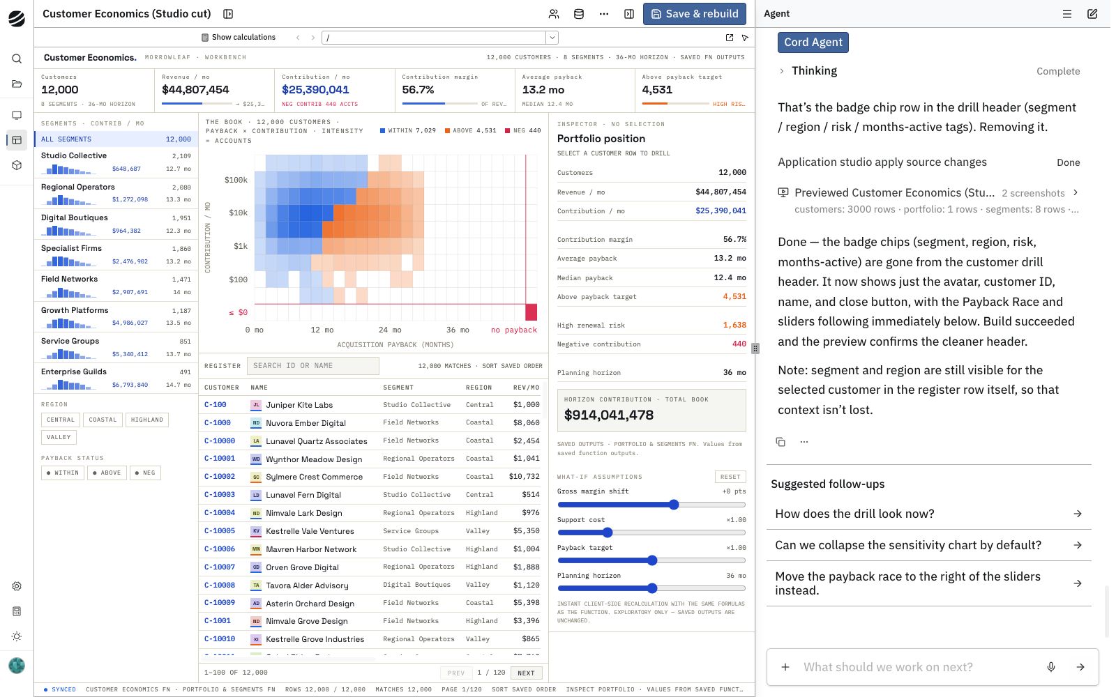 Application Studio with the app preview on the left and the agent chat on the right