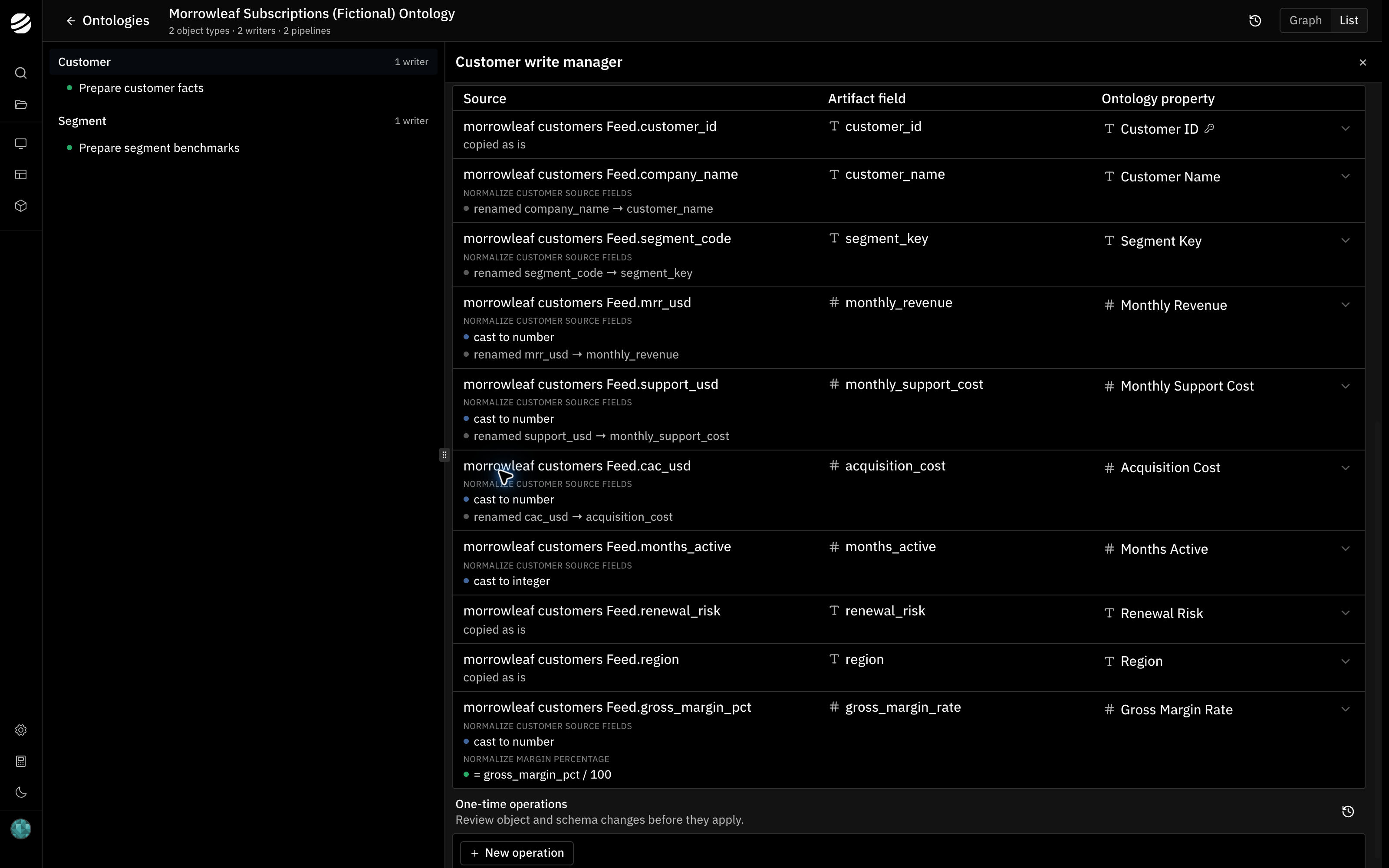 The Customer write manager mapping each source column to an artifact field and an ontology property