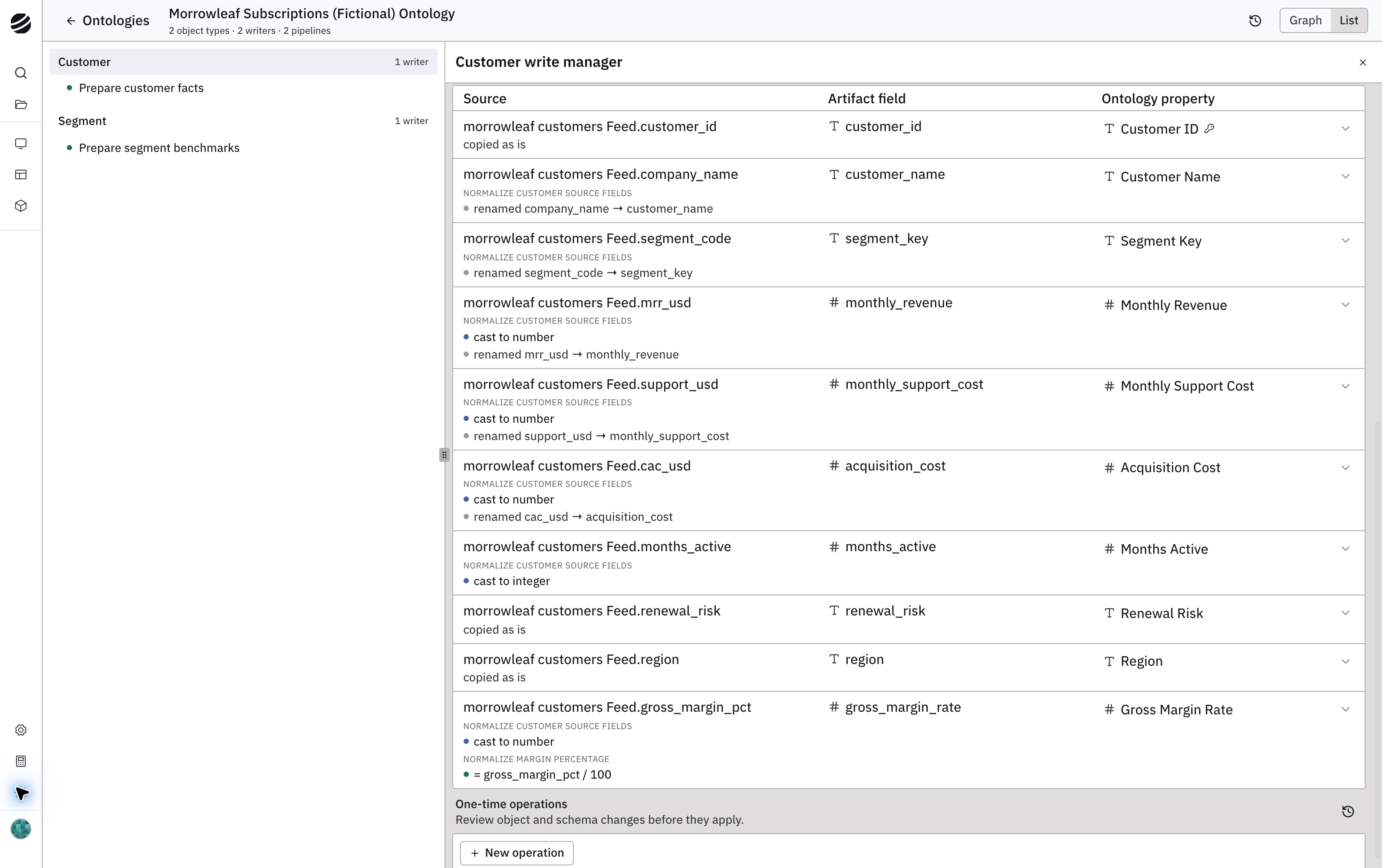 The Customer write manager mapping each source column to an artifact field and an ontology property