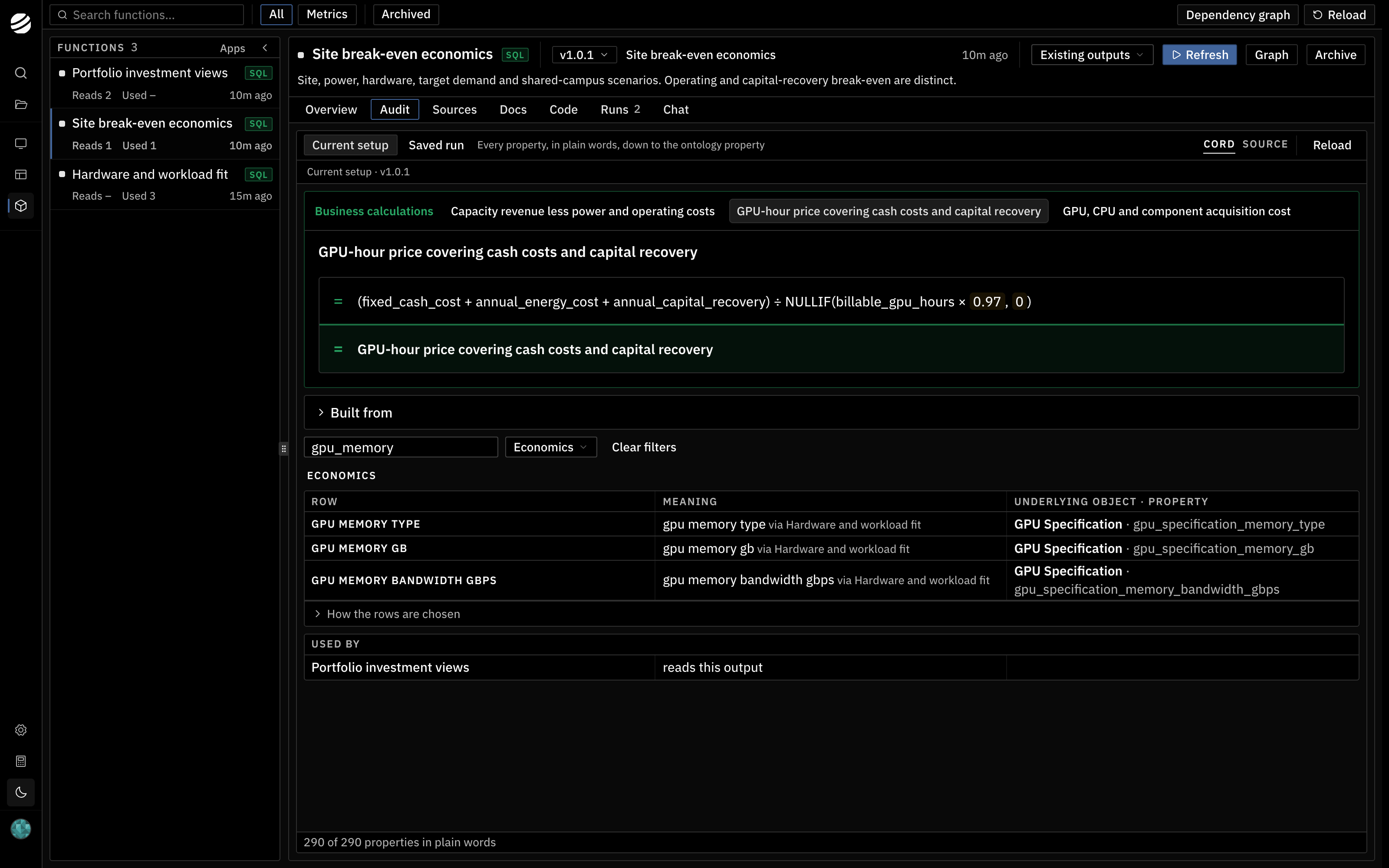 The Audit tab showing the full-cost break-even price in plain words and the GPU Specification properties it is built from