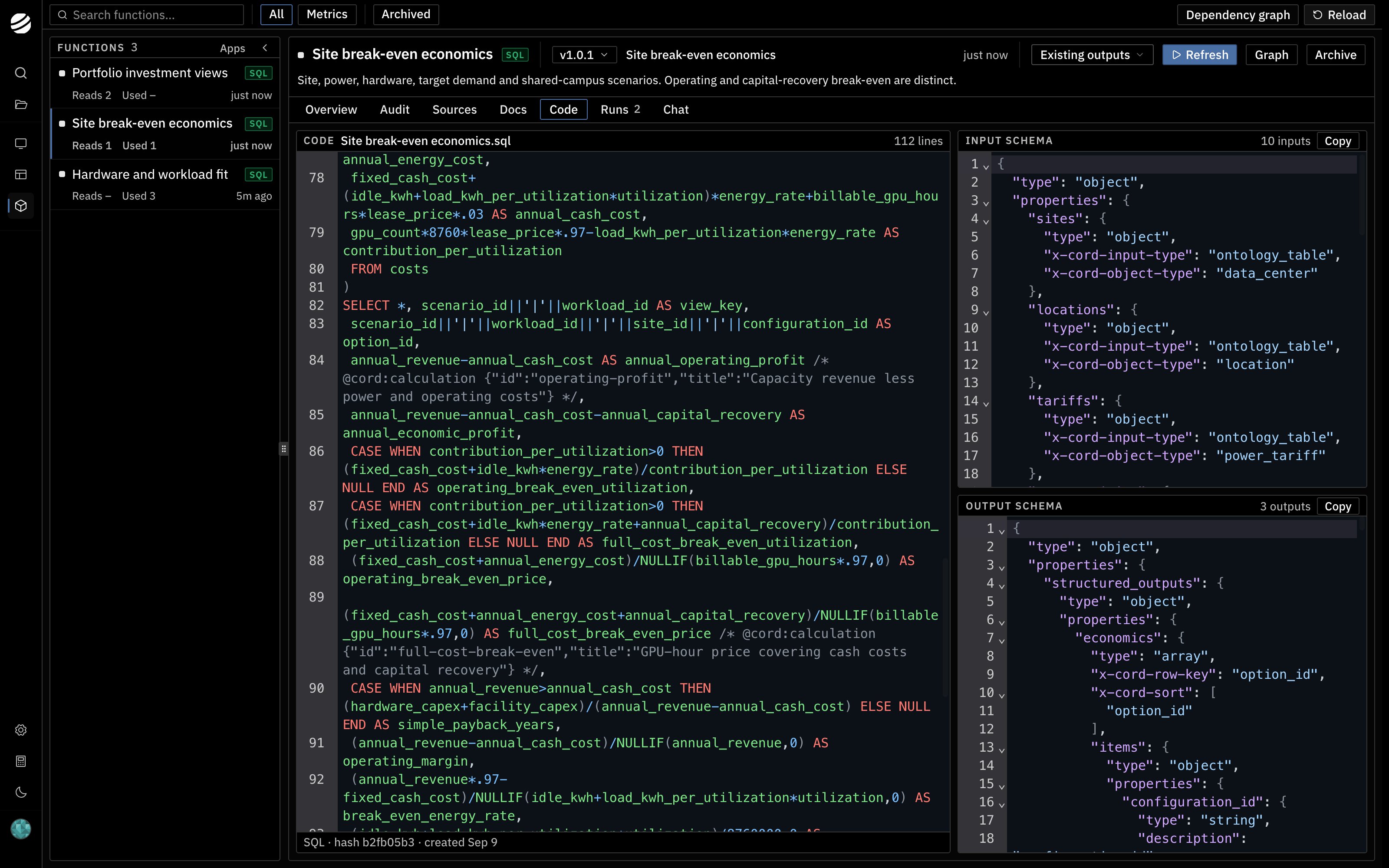 The Code tab of the site break-even economics function showing the logic for operating profit, economic profit, and break-even utilization