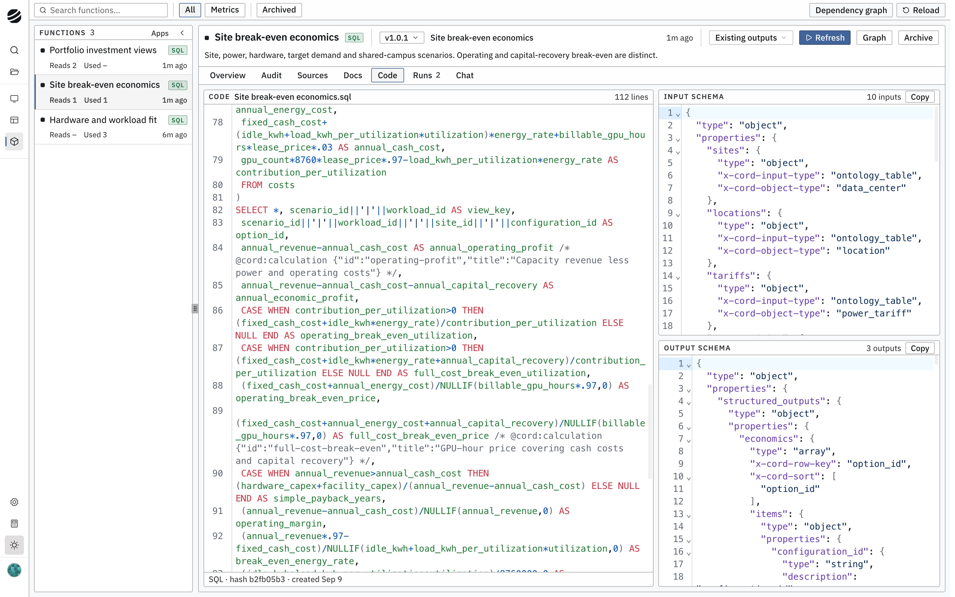 The Code tab of the site break-even economics function showing the logic for operating profit, economic profit, and break-even utilization