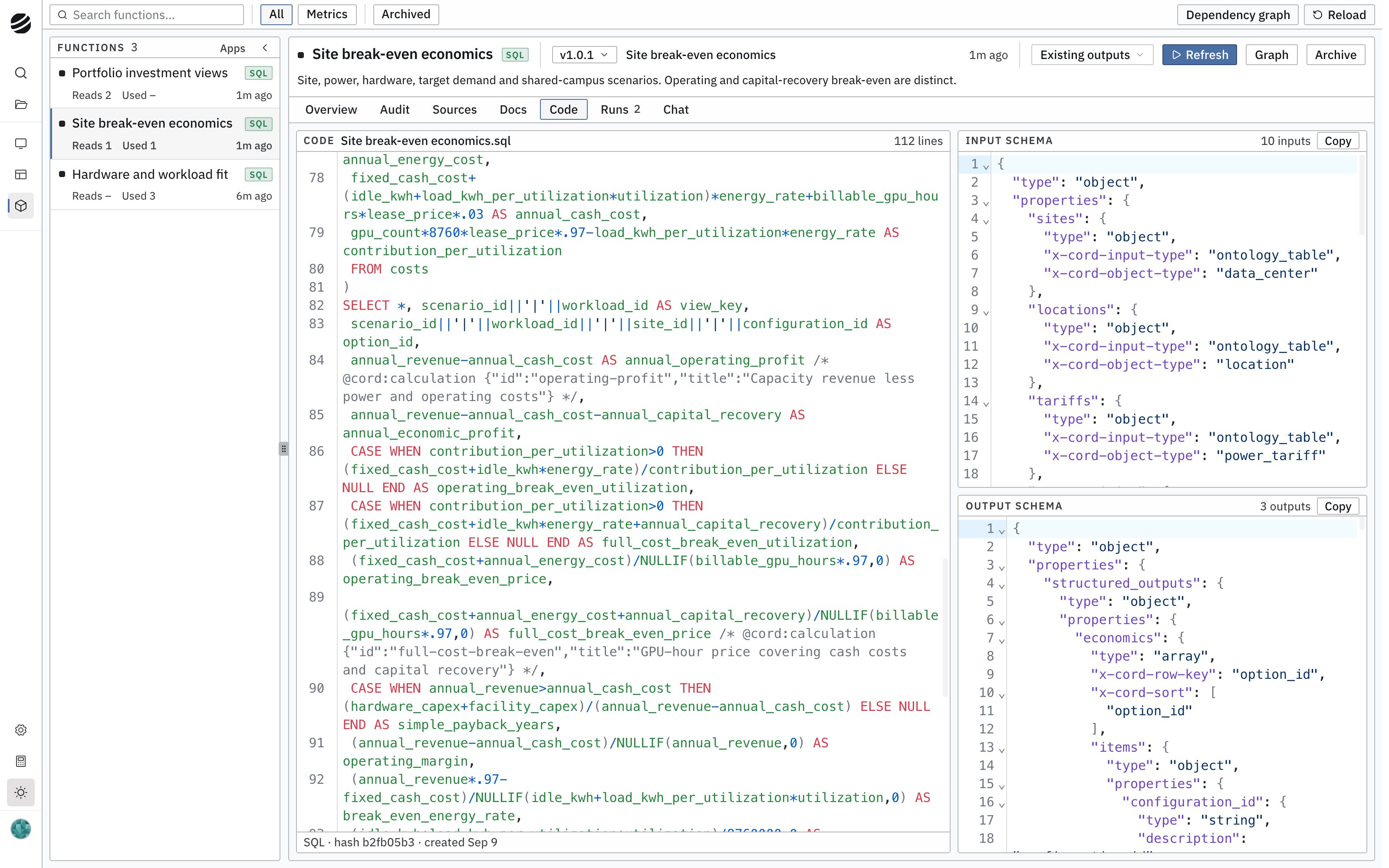 The Code tab of the site break-even economics function showing the logic for operating profit, economic profit, and break-even utilization