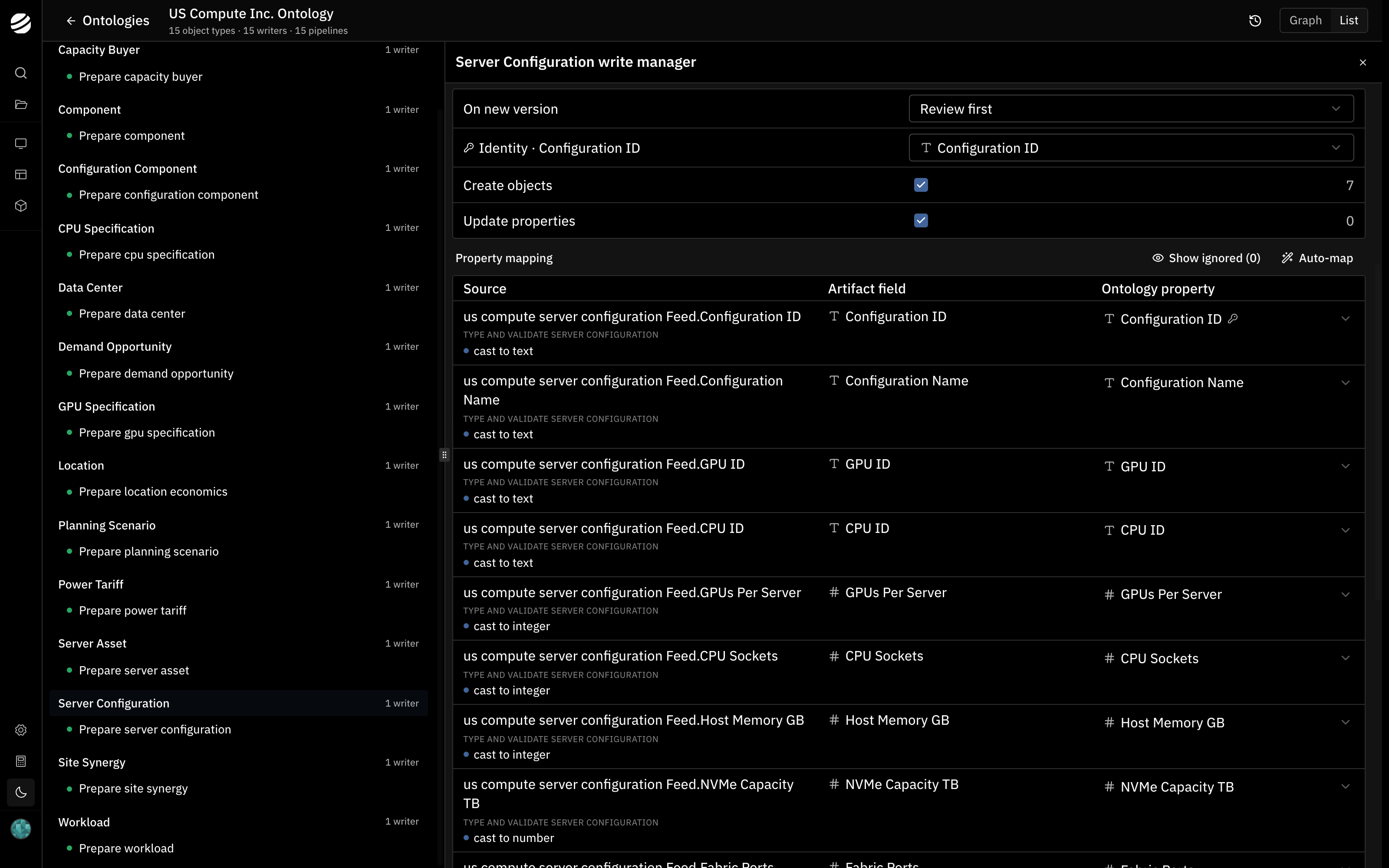 The Server Configuration write manager mapping each feed column through a cast step to an artifact field and an ontology property, with Configuration ID as the identity