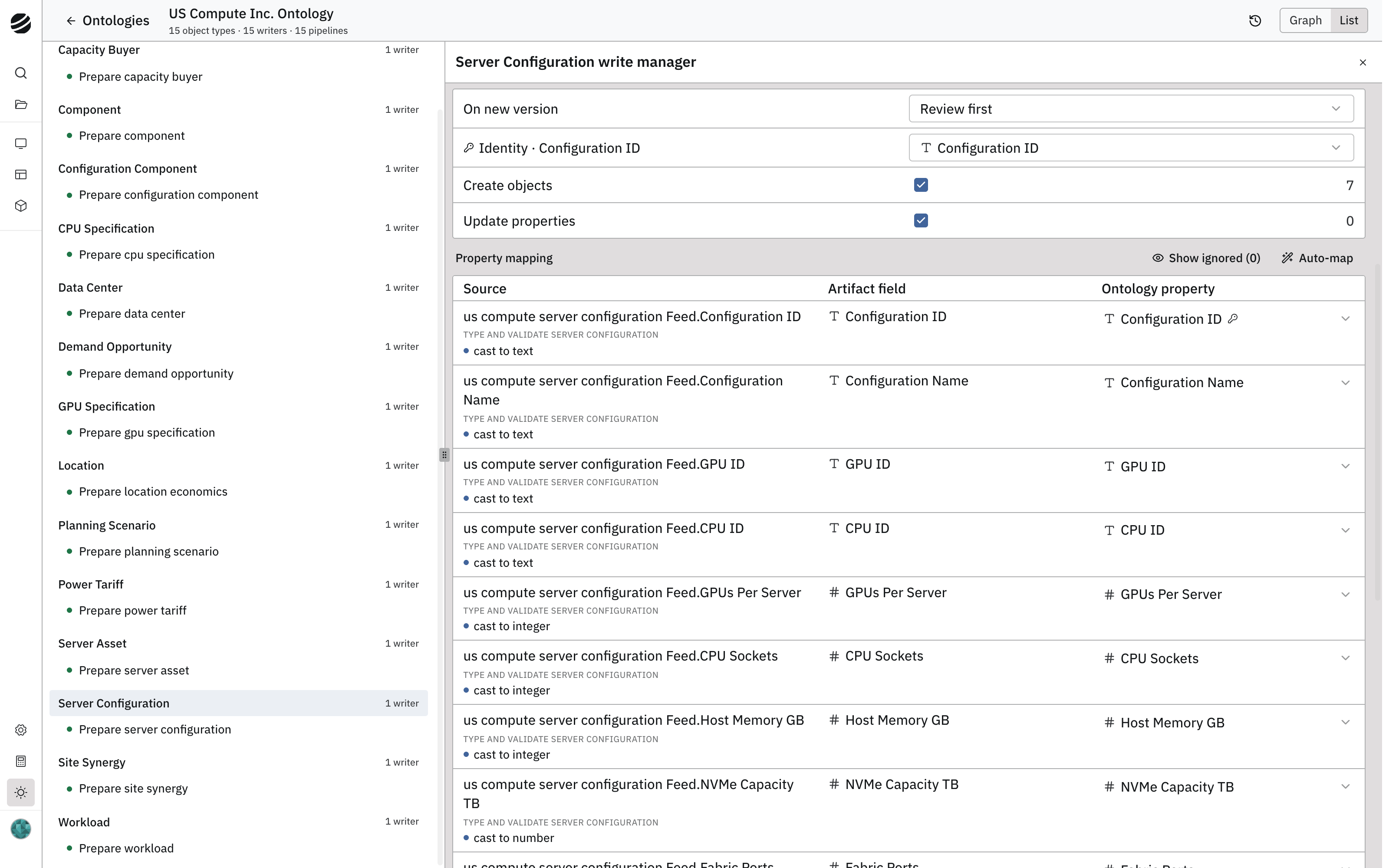 The Server Configuration write manager mapping each feed column through a cast step to an artifact field and an ontology property, with Configuration ID as the identity