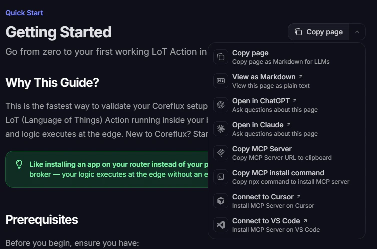 Documentation page contextual menu showing Copy MCP Server, Copy MCP install command, Connect to Cursor, and Connect to VS Code