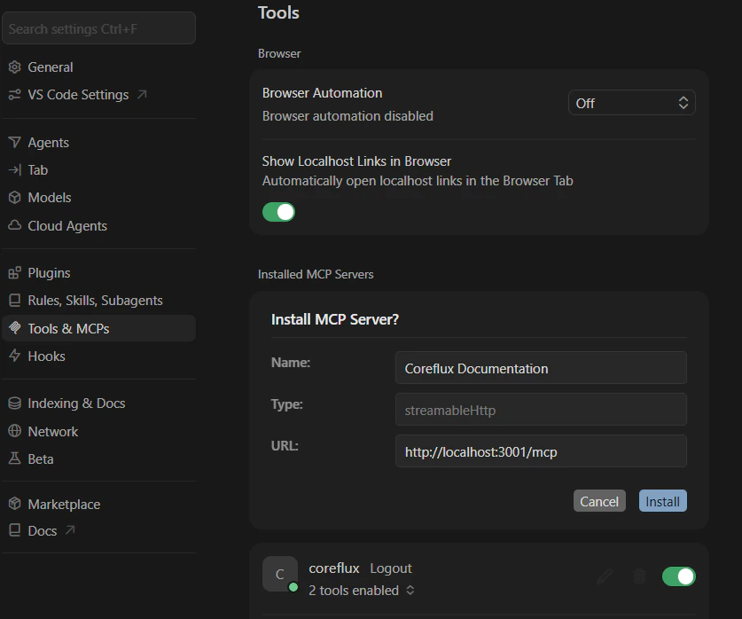 Cursor Settings Tools page with Install MCP Server dialog for Coreflux Documentation