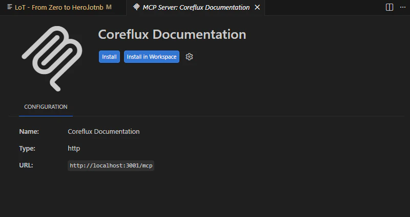 VS Code MCP Server tab for Coreflux Documentation with Install buttons and server URL configuration