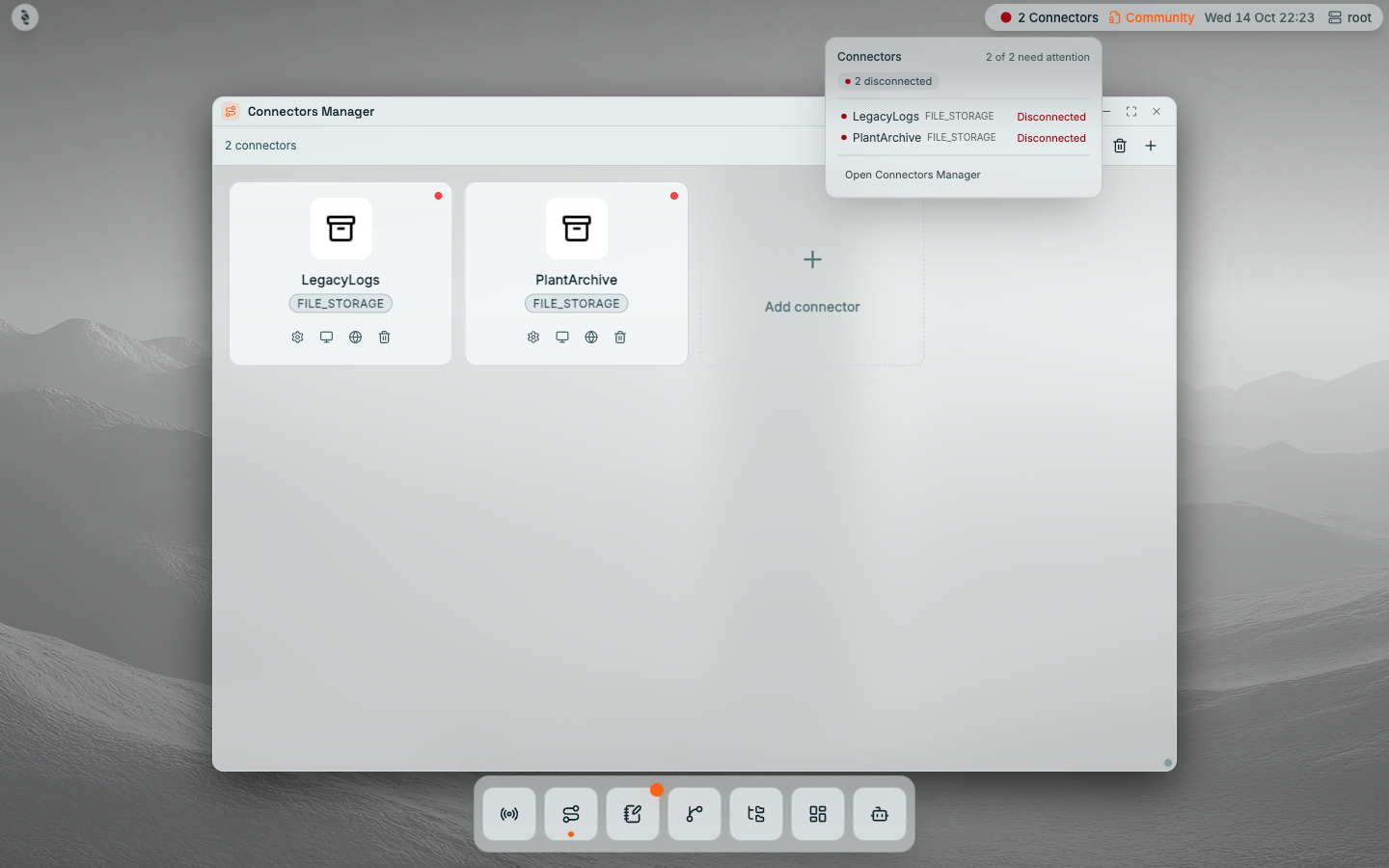 Coreflux HUB Connectors Manager with connector cards for LegacyLogs and PlantArchive (FILE_STORAGE), each with a status dot and Configuration, Monitor, Documentation, and Delete icons, an Add connector card, and the status bar Connectors popover