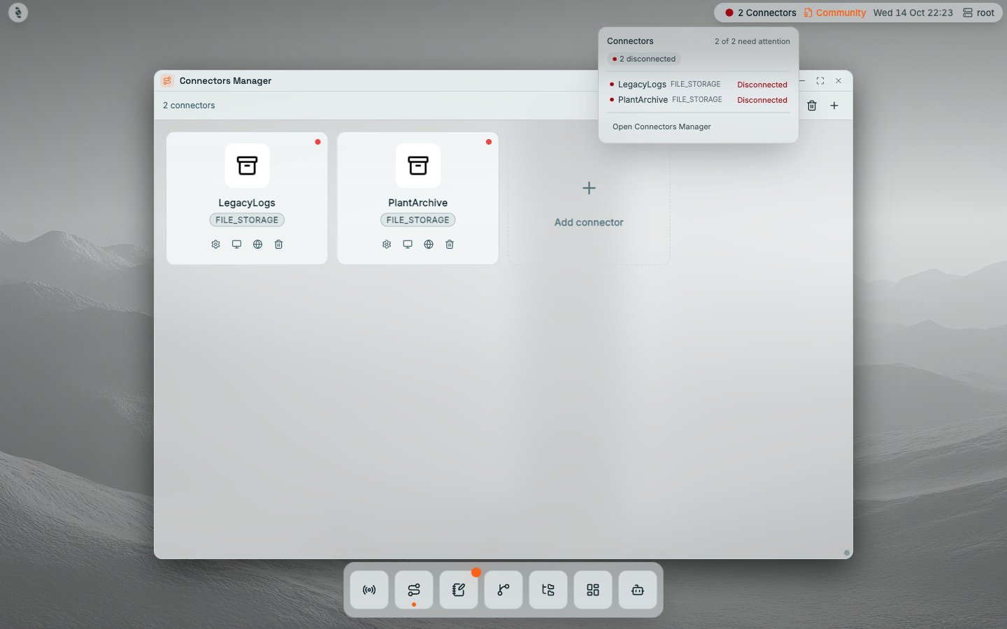 Coreflux HUB Connectors Manager with connector cards for LegacyLogs and PlantArchive (FILE_STORAGE), each with a status dot and Configuration, Monitor, Documentation, and Delete icons, an Add connector card, and the status bar Connectors popover