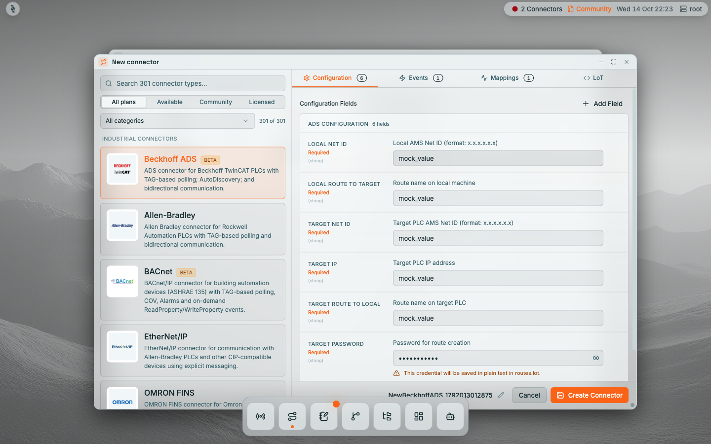 Coreflux HUB New connector window with a Search 301 connector types field, All plans, Available, Community, and Licensed filters, an All categories dropdown, the Industrial Connectors list with Beckhoff ADS selected, and Configuration, Events, Mappings, and LoT tabs showing the ADS configuration fields, plus Cancel and Create Connector