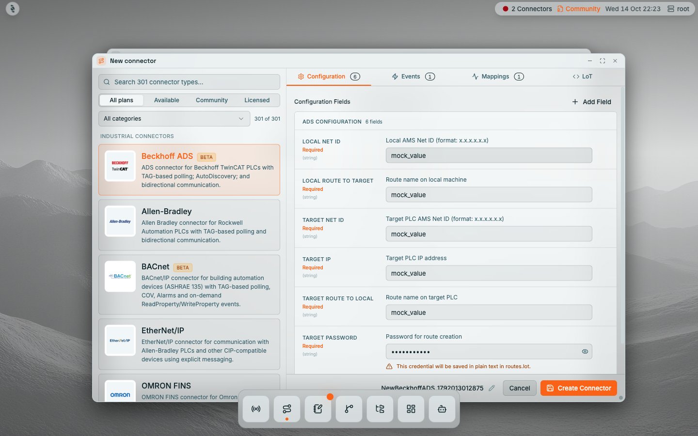 Coreflux HUB New connector window with a Search 301 connector types field, All plans, Available, Community, and Licensed filters, an All categories dropdown, the Industrial Connectors list with Beckhoff ADS selected, and Configuration, Events, Mappings, and LoT tabs showing the ADS configuration fields, plus Cancel and Create Connector