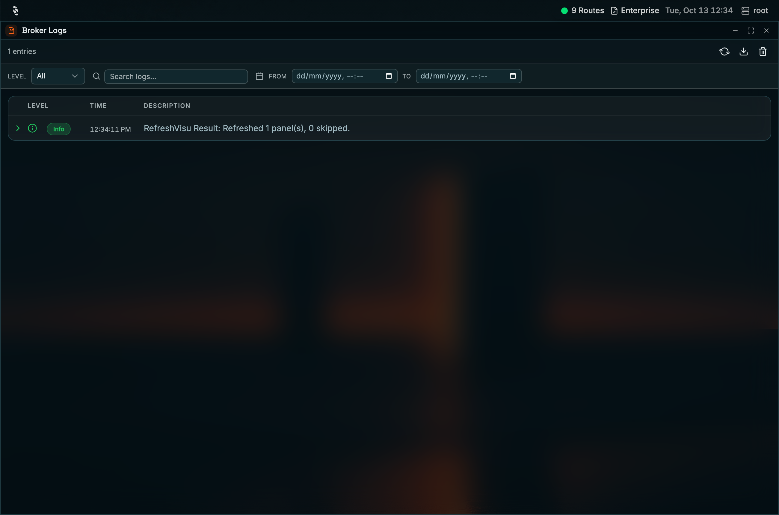 Coreflux HUB Broker Logs window with an entries count, a Level dropdown set to All, a Search logs field, From and To date pickers, refresh, download and clear icons, and a table with Level, Time, and Description showing an Info entry