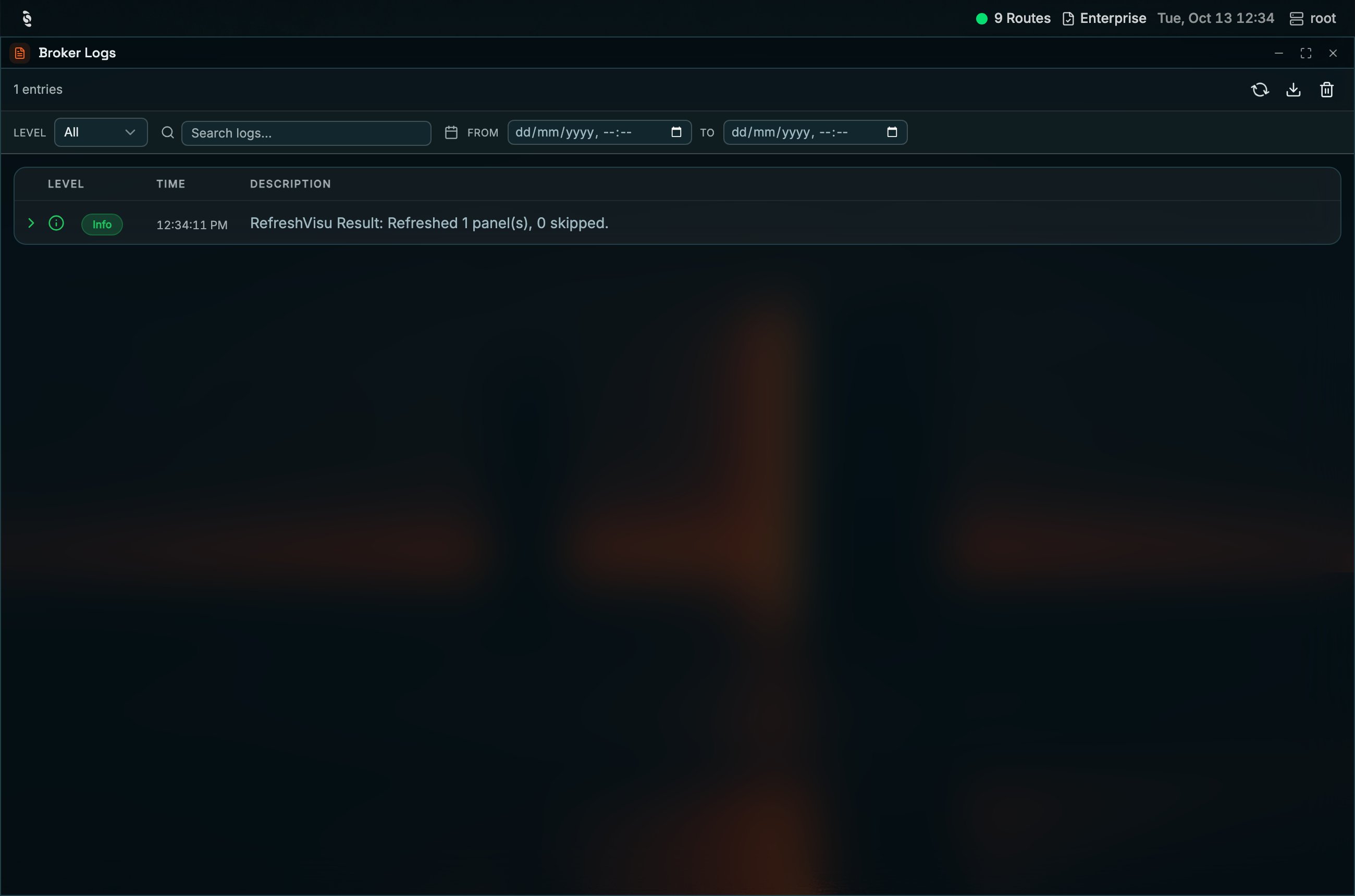 Coreflux HUB Broker Logs window with an entries count, a Level dropdown set to All, a Search logs field, From and To date pickers, refresh, download and clear icons, and a table with Level, Time, and Description showing an Info entry