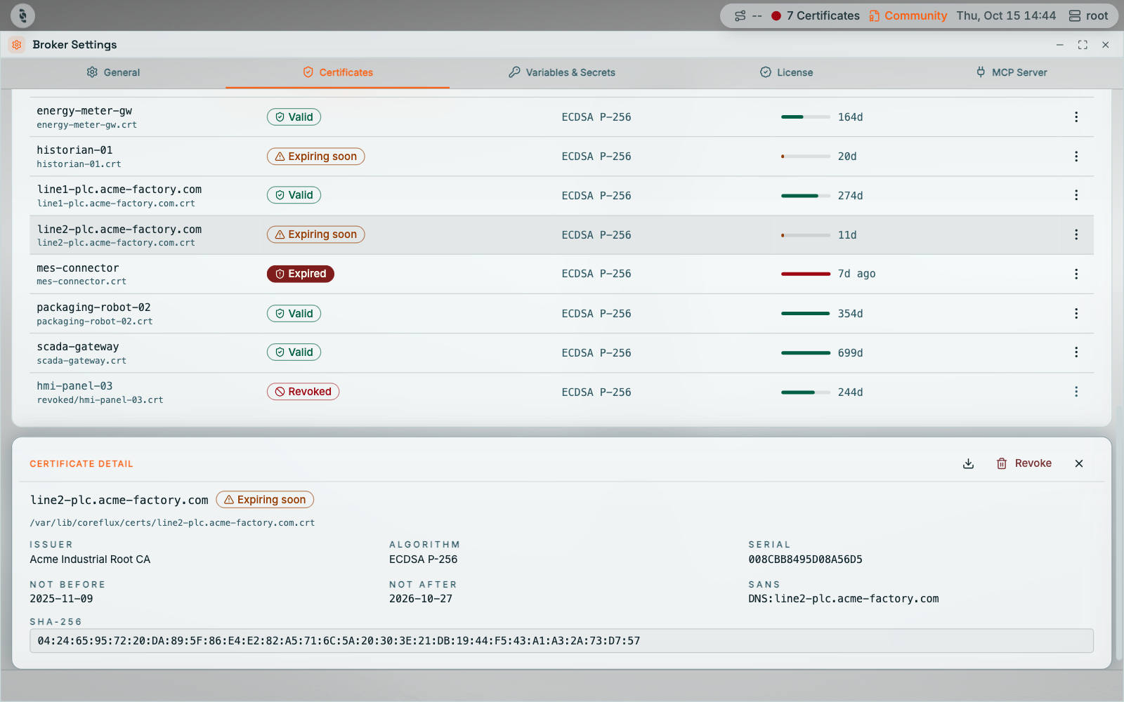 Certificate detail panel for line2-plc.acme-factory.com marked Expiring soon, showing its file path, issuer, algorithm, serial, not before, not after, SANs, and SHA-256, with Download and Revoke buttons