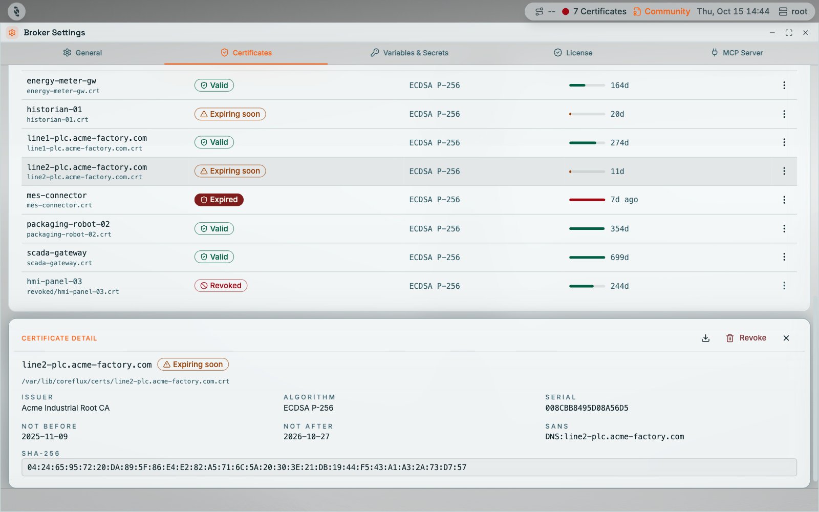 Certificate detail panel for line2-plc.acme-factory.com marked Expiring soon, showing its file path, issuer, algorithm, serial, not before, not after, SANs, and SHA-256, with Download and Revoke buttons