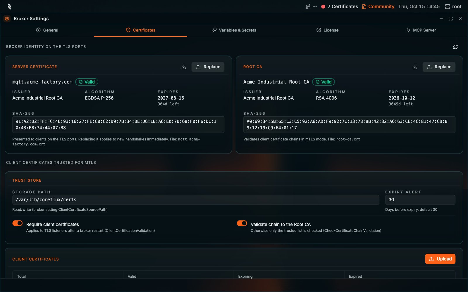 Coreflux HUB Broker Settings window on the Certificates tab. Server certificate card for mqtt.acme-factory.com and Root CA card for Acme Industrial Root CA, both Valid, each with issuer, algorithm, expiry, SHA-256 fingerprint, and Download and Replace buttons, above the trust store settings