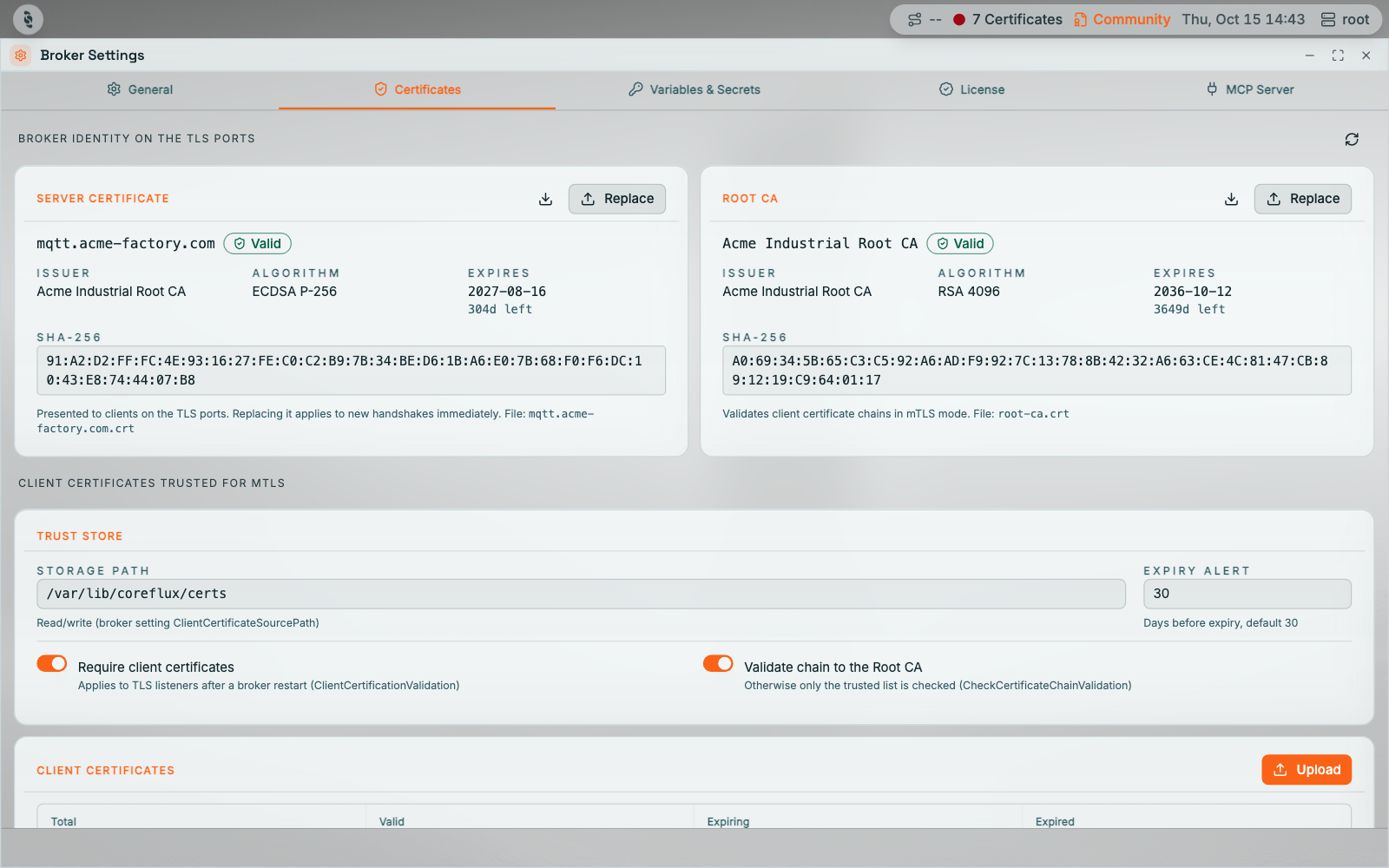 Coreflux HUB Broker Settings window on the Certificates tab. Server certificate card for mqtt.acme-factory.com and Root CA card for Acme Industrial Root CA, both Valid, each with issuer, algorithm, expiry, SHA-256 fingerprint, and Download and Replace buttons, above the trust store settings
