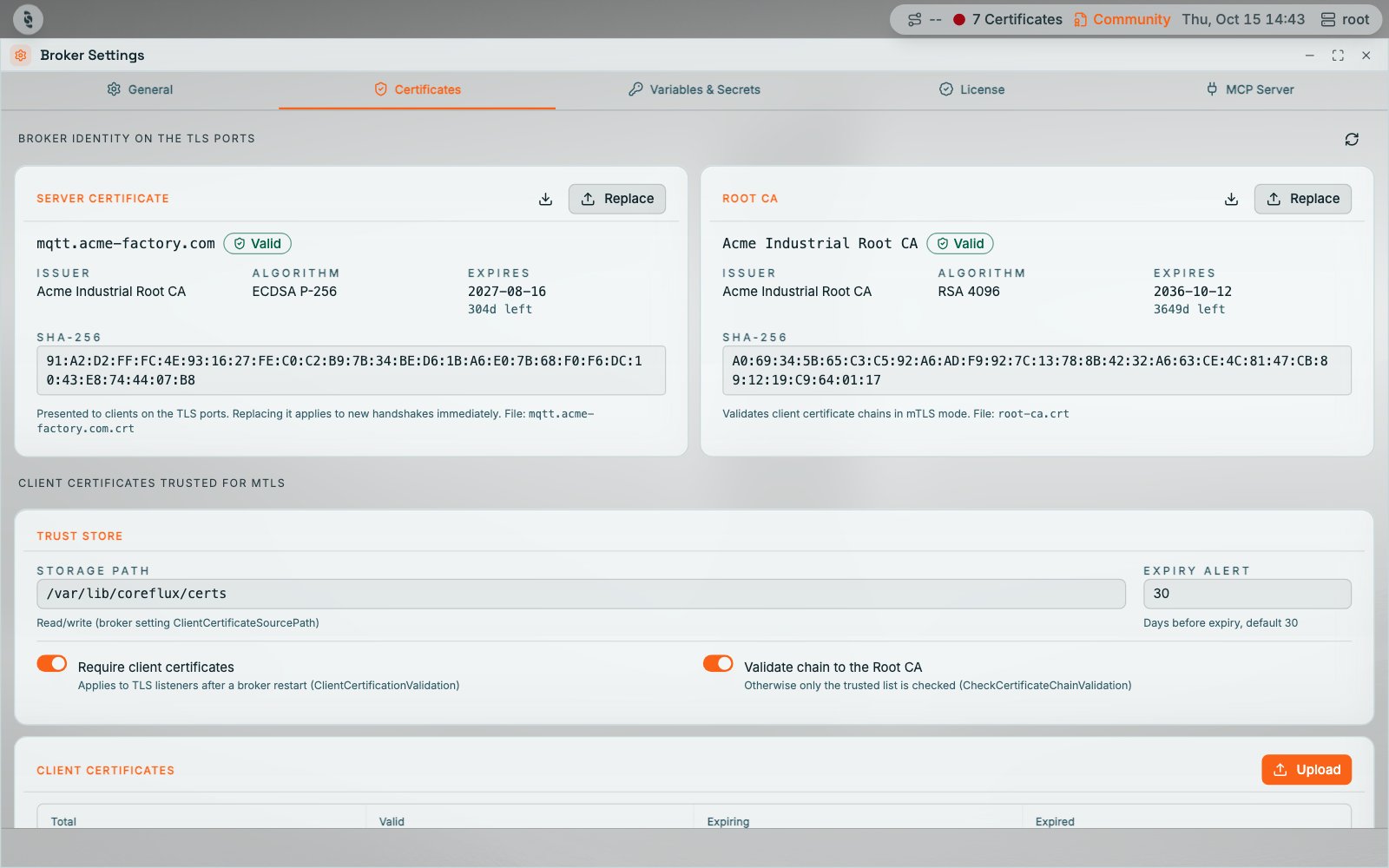 Coreflux HUB Broker Settings window on the Certificates tab. Server certificate card for mqtt.acme-factory.com and Root CA card for Acme Industrial Root CA, both Valid, each with issuer, algorithm, expiry, SHA-256 fingerprint, and Download and Replace buttons, above the trust store settings