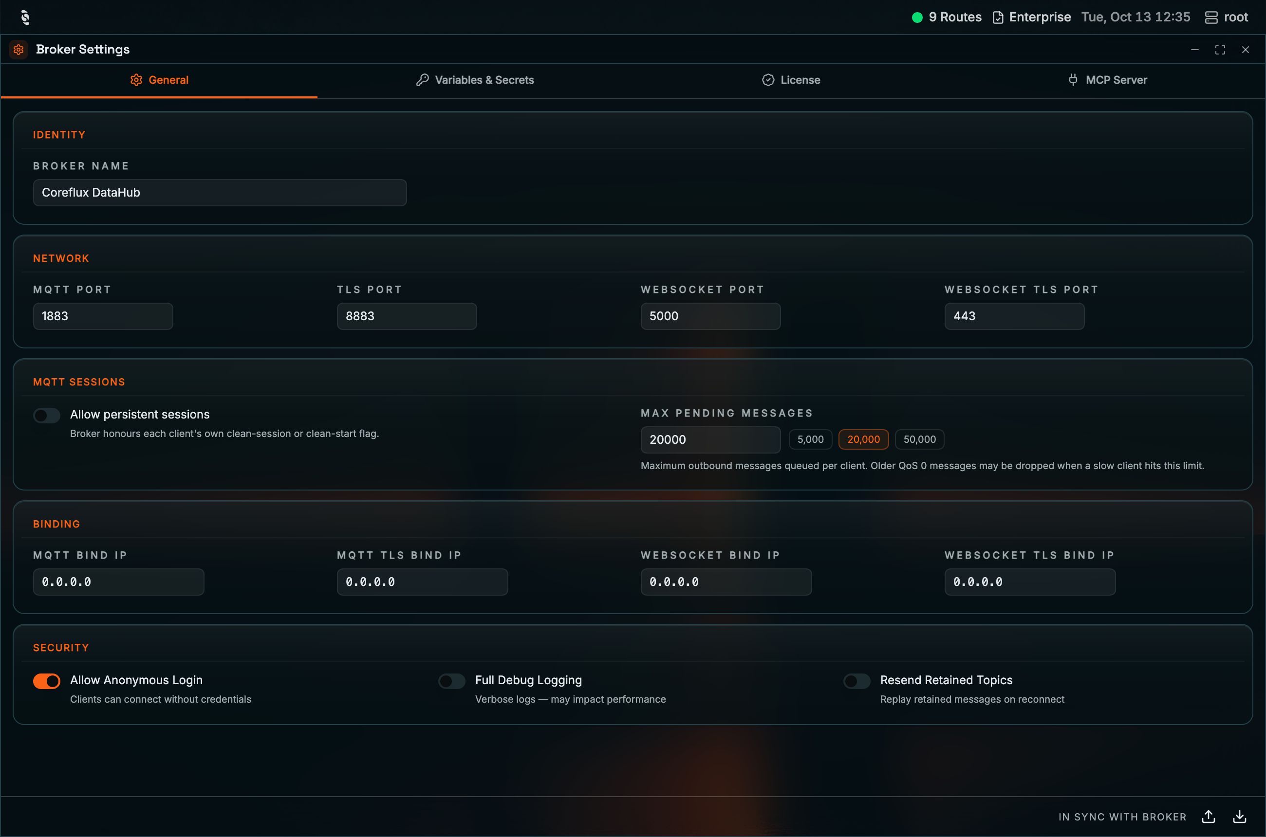 Coreflux HUB Broker Settings window with General, Variables & Secrets, License, and MCP Server tabs; the General tab shows Broker Name, MQTT, TLS, WebSocket and WebSocket TLS ports, Allow persistent sessions and Max pending messages, bind IPs, and Security toggles for Allow Anonymous Login, Full Debug Logging, and Resend Retained Topics