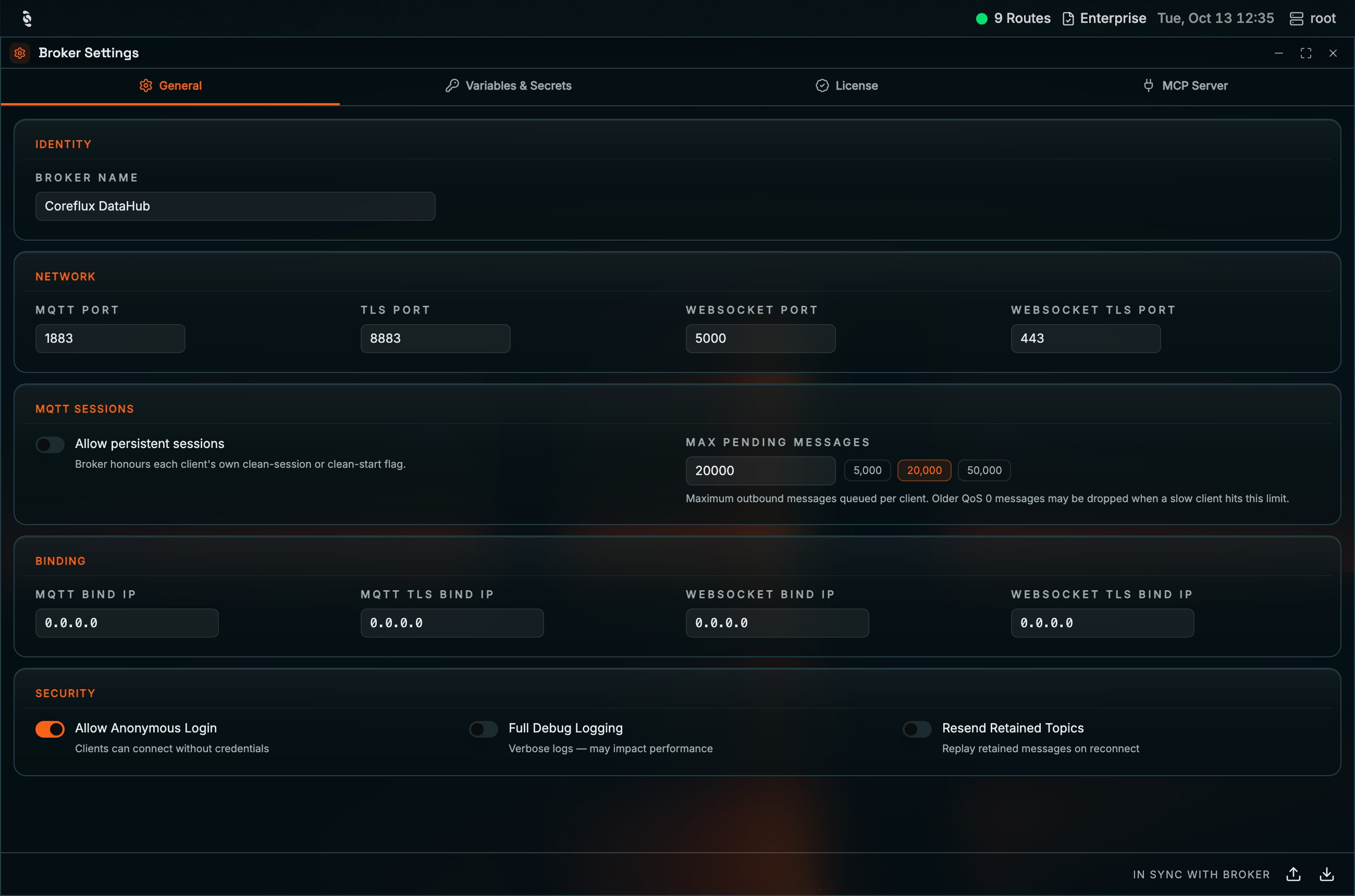 Coreflux HUB Broker Settings window with General, Variables & Secrets, License, and MCP Server tabs; the General tab shows Broker Name, MQTT, TLS, WebSocket and WebSocket TLS ports, Allow persistent sessions and Max pending messages, bind IPs, and Security toggles for Allow Anonymous Login, Full Debug Logging, and Resend Retained Topics