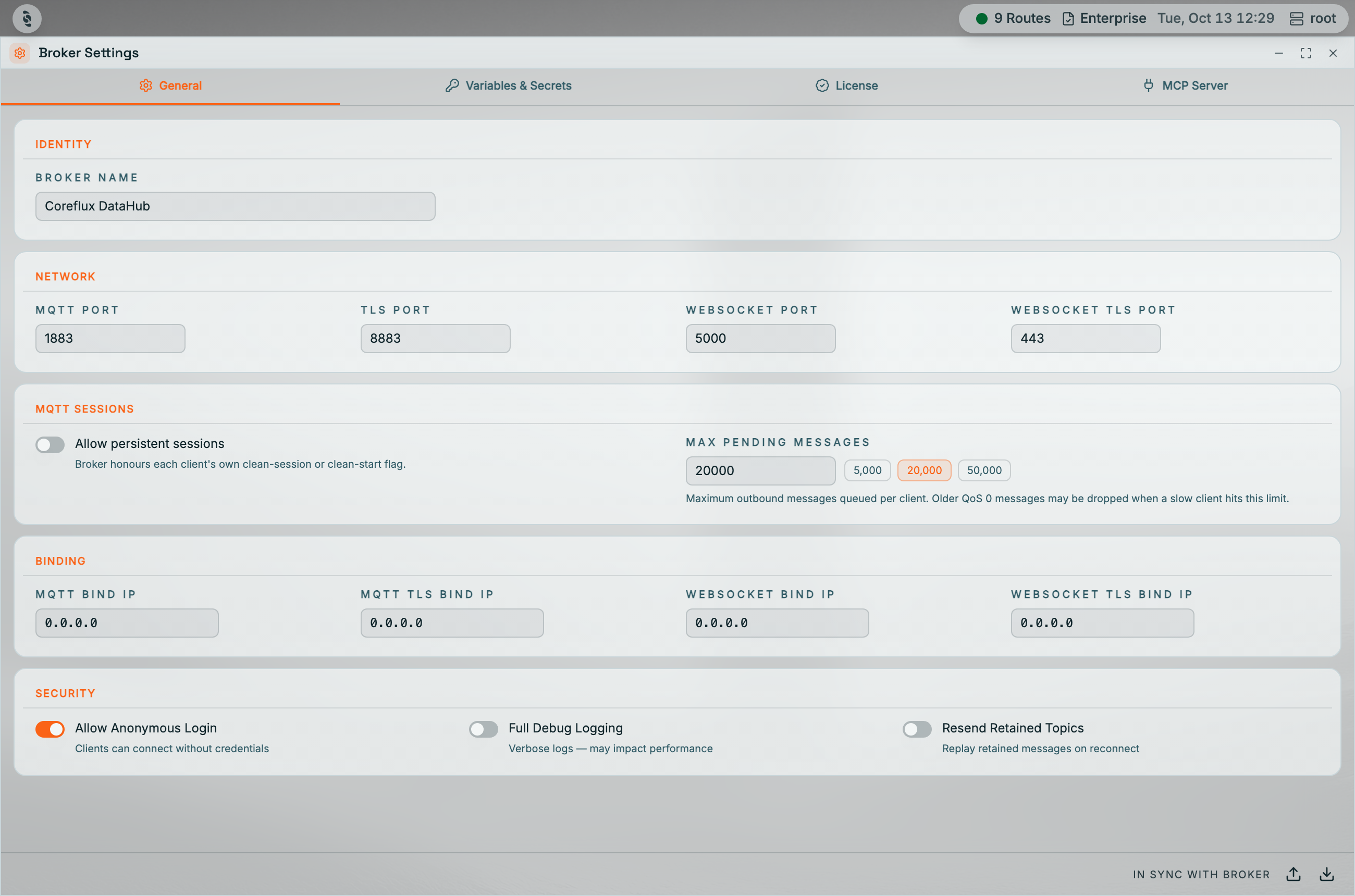 Coreflux HUB Broker Settings window with General, Variables & Secrets, License, and MCP Server tabs; the General tab shows Broker Name, MQTT, TLS, WebSocket and WebSocket TLS ports, Allow persistent sessions and Max pending messages, bind IPs, and Security toggles for Allow Anonymous Login, Full Debug Logging, and Resend Retained Topics