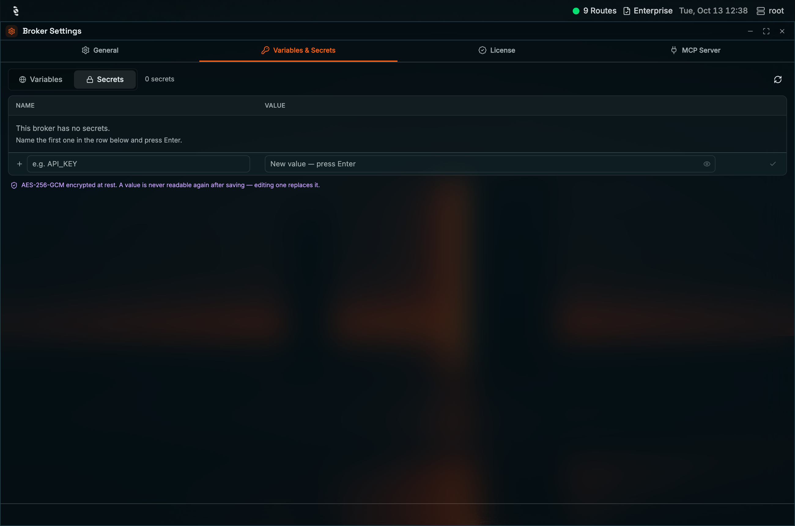 Variables & Secrets tab in the Coreflux HUB Broker Settings window with the Secrets sub-tab selected, 0 secrets, the note This broker has no secrets, an inline row with e.g. API_KEY and New value — press Enter, and the AES-256-GCM encrypted at rest notice