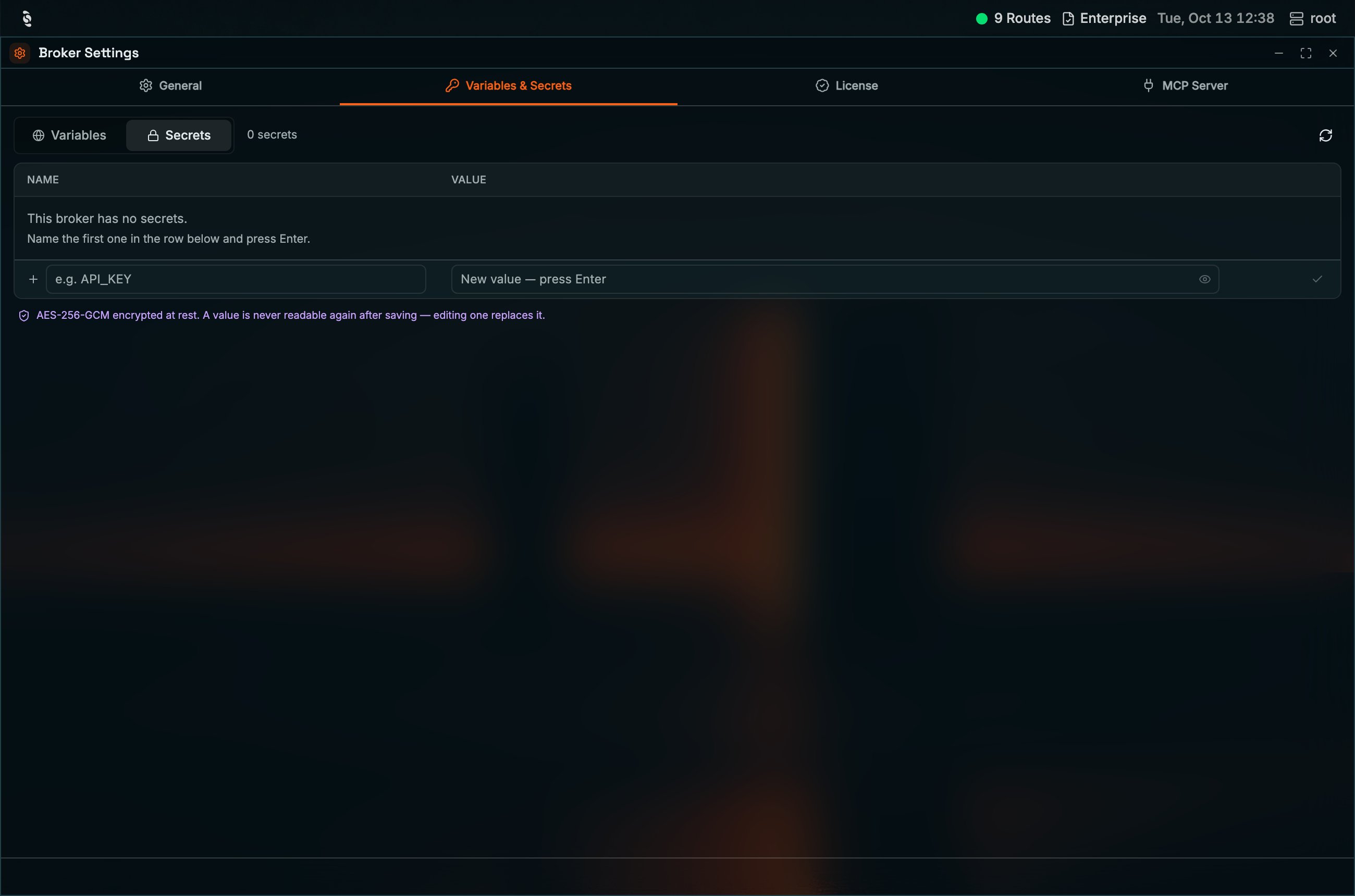 Variables & Secrets tab in the Coreflux HUB Broker Settings window with the Secrets sub-tab selected, 0 secrets, the note This broker has no secrets, an inline row with e.g. API_KEY and New value — press Enter, and the AES-256-GCM encrypted at rest notice
