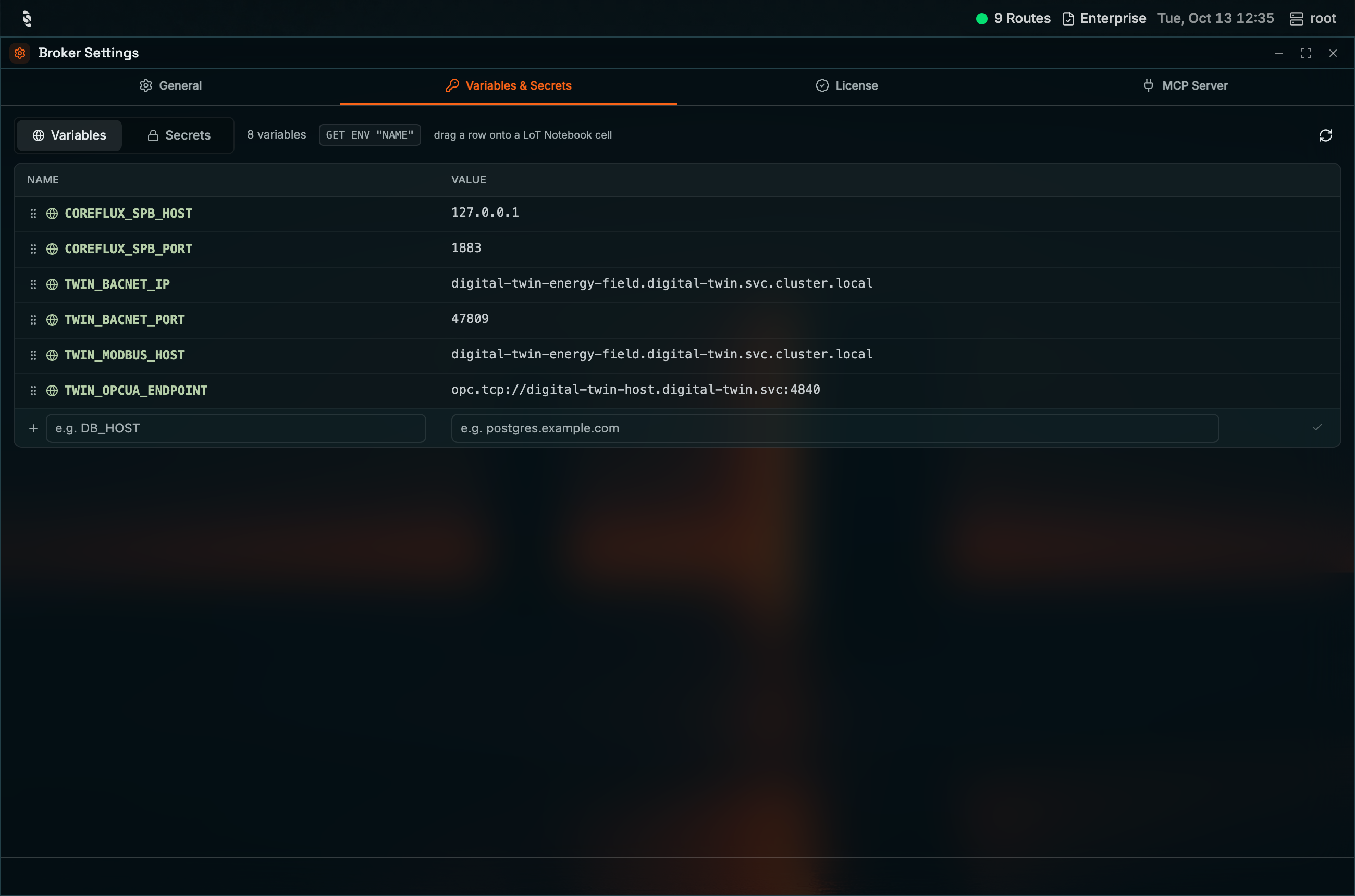Variables & Secrets tab in the Coreflux HUB Broker Settings window with the Variables sub-tab selected, the GET ENV hint, a NAME and VALUE table of variables, and an inline row at the bottom with e.g. DB_HOST and e.g. postgres.example.com placeholders