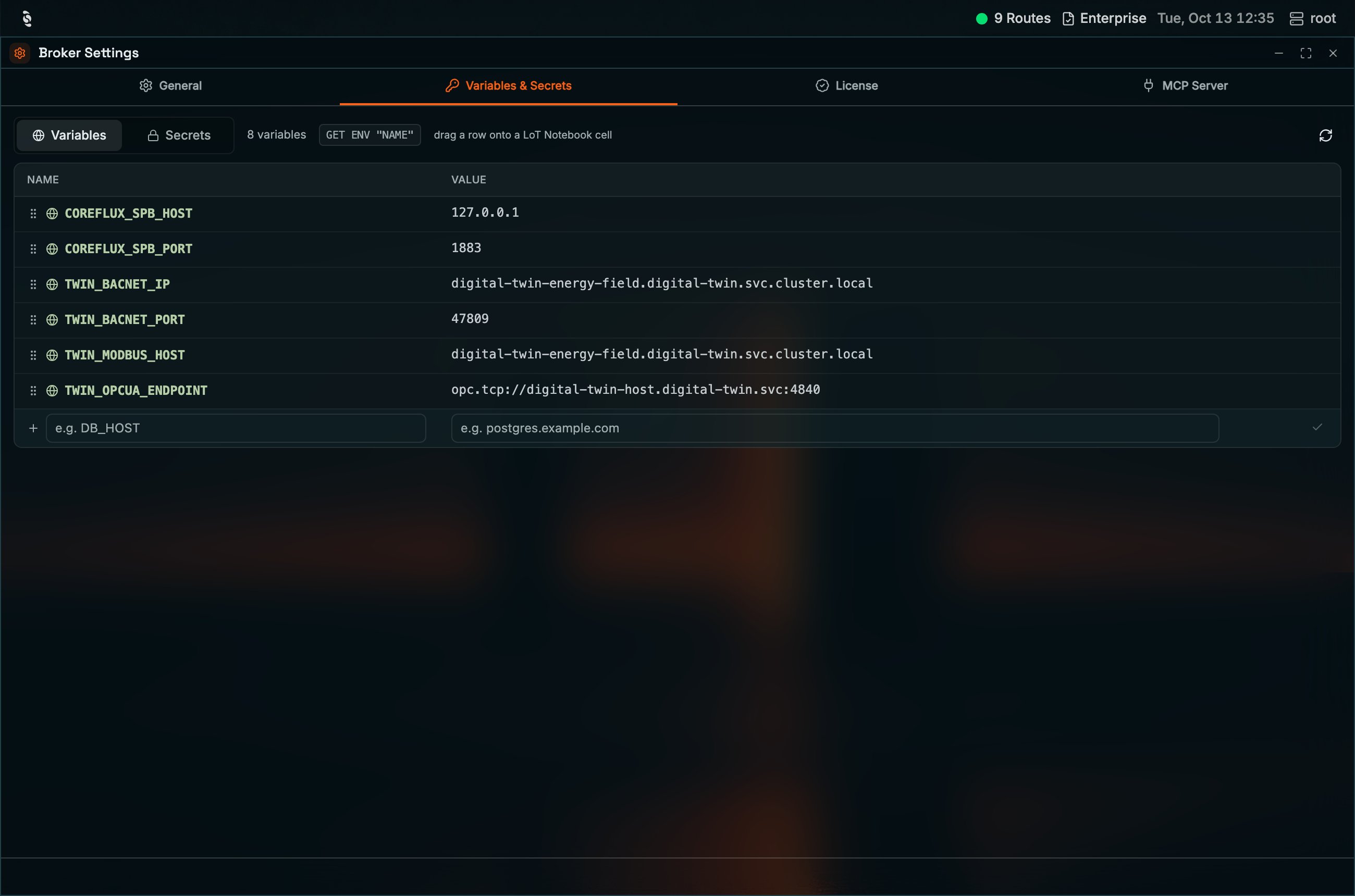 Variables & Secrets tab in the Coreflux HUB Broker Settings window with the Variables sub-tab selected, the GET ENV hint, a NAME and VALUE table of variables, and an inline row at the bottom with e.g. DB_HOST and e.g. postgres.example.com placeholders