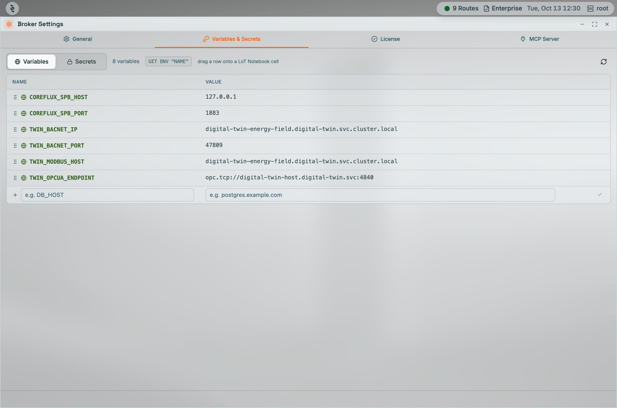 Variables & Secrets tab in the Coreflux HUB Broker Settings window with the Variables sub-tab selected, the GET ENV hint, a NAME and VALUE table of variables, and an inline row at the bottom with e.g. DB_HOST and e.g. postgres.example.com placeholders