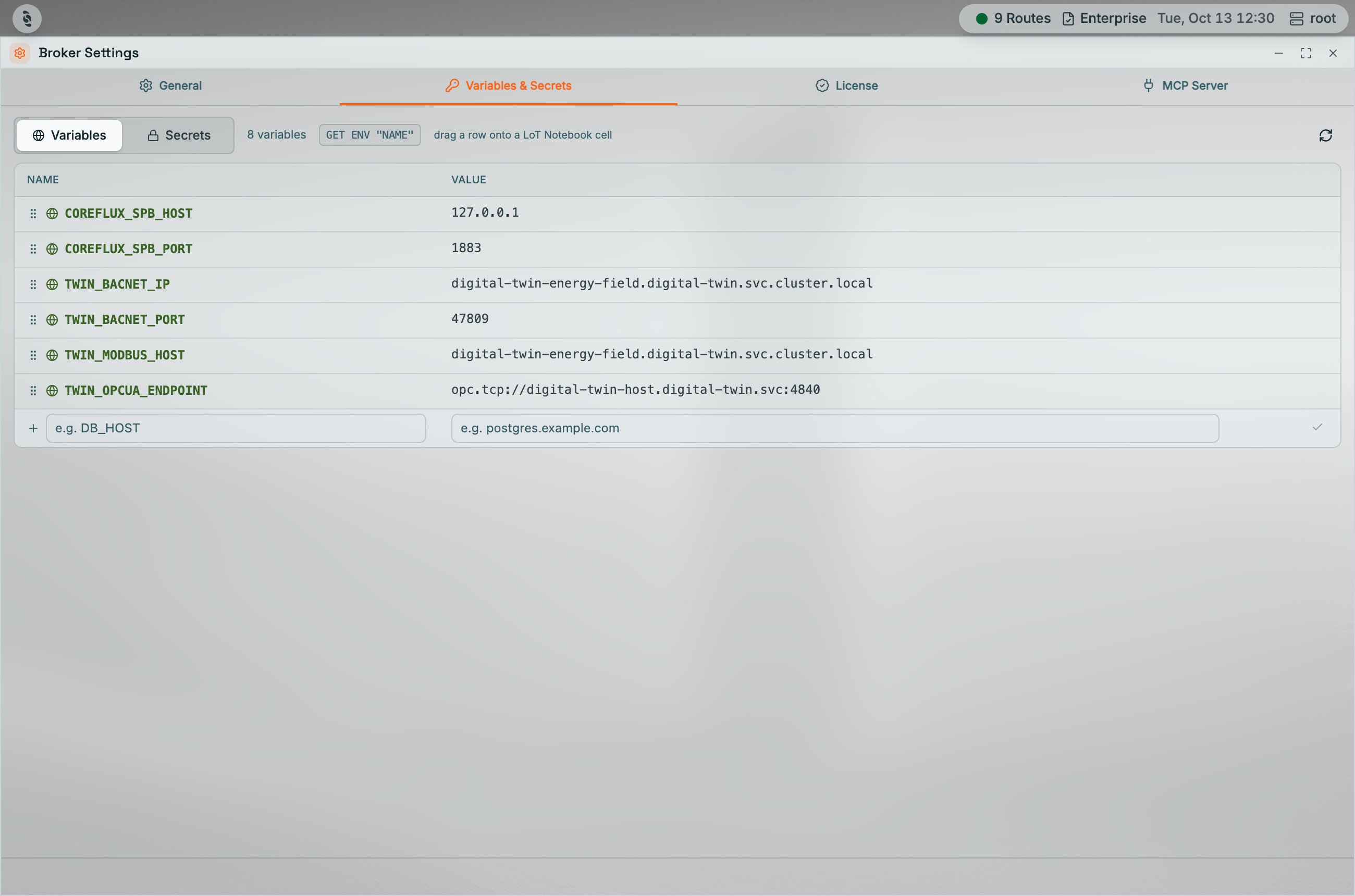 Variables & Secrets tab in the Coreflux HUB Broker Settings window with the Variables sub-tab selected, the GET ENV hint, a NAME and VALUE table of variables, and an inline row at the bottom with e.g. DB_HOST and e.g. postgres.example.com placeholders