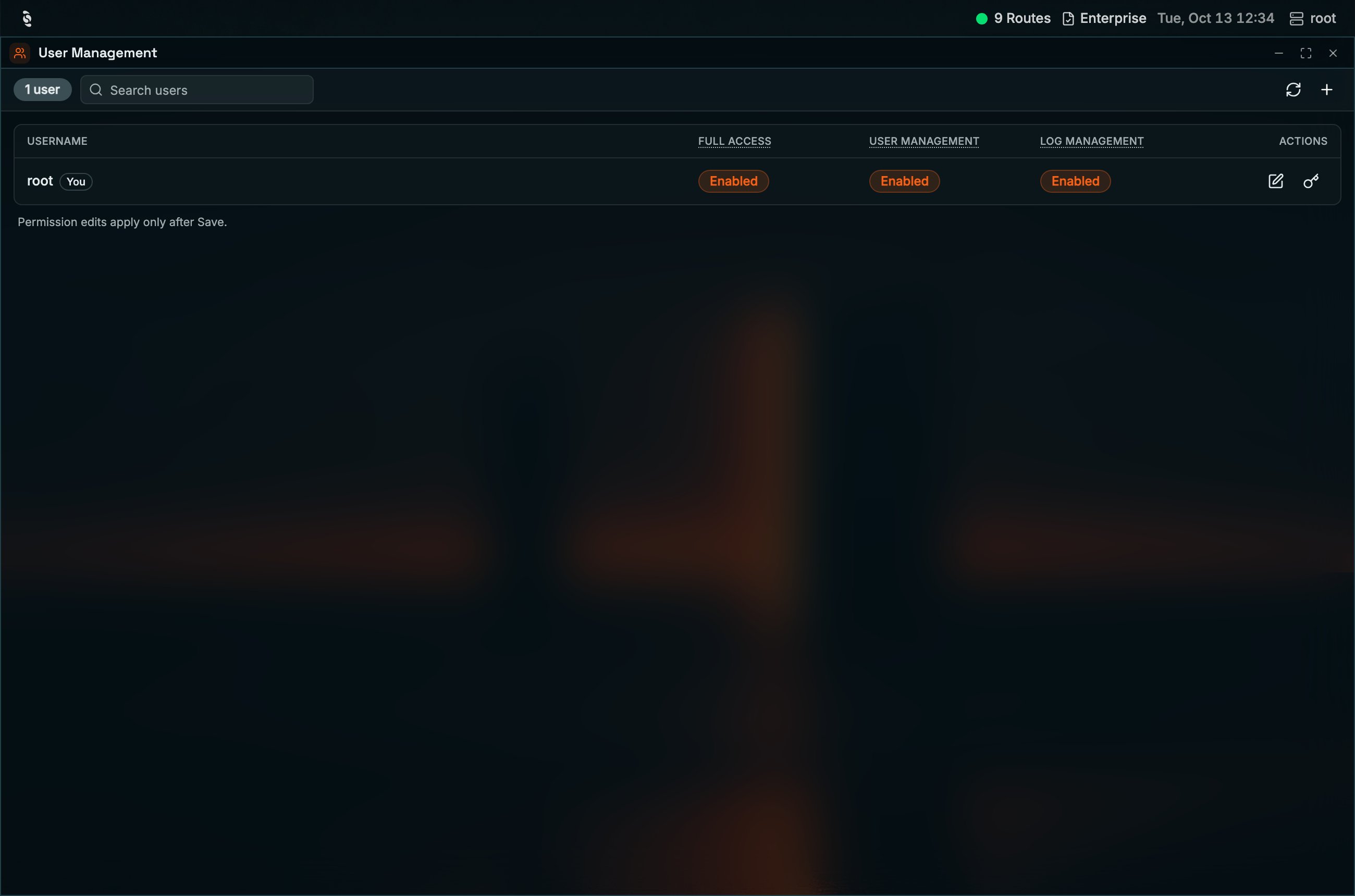 Coreflux HUB User Management window with a 1 user badge, Search users, refresh and add buttons, and a table listing root (You) with Full Access, User Management, and Log Management Enabled plus edit and change password actions, and the note Permission edits apply only after Save