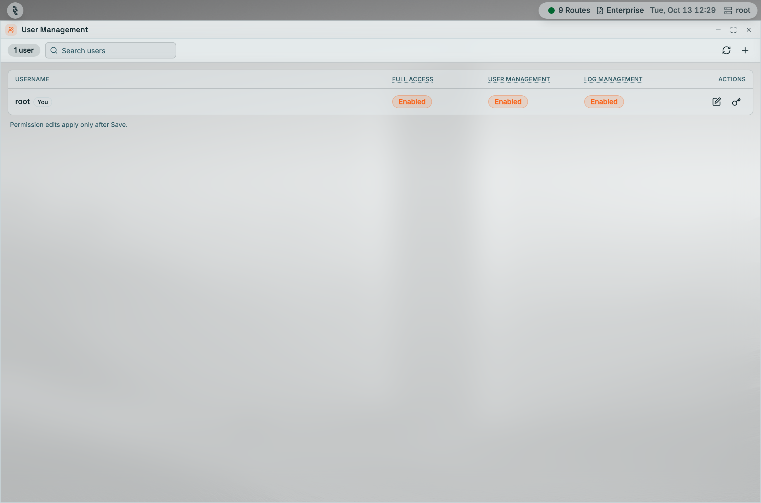 Coreflux HUB User Management window with a 1 user badge, Search users, refresh and add buttons, and a table listing root (You) with Full Access, User Management, and Log Management Enabled plus edit and change password actions, and the note Permission edits apply only after Save