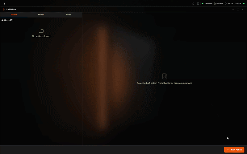 Animated walkthrough of opening the LoT Editor, selecting the Actions tab, and clicking New Action