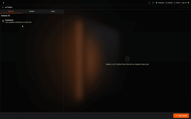 Animated walkthrough of selecting and deleting an Action in the LoT Editor