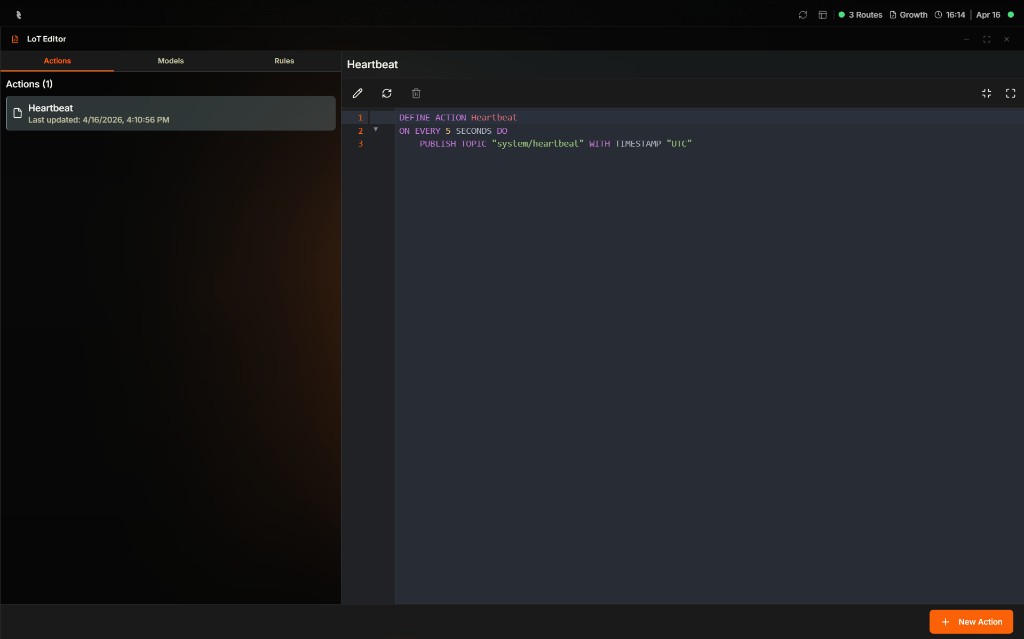 Coreflux HUB LoT Editor showing the Models tab with a ProductionCount model definition, code editor, and navigation tabs for Actions, Models, and Rules