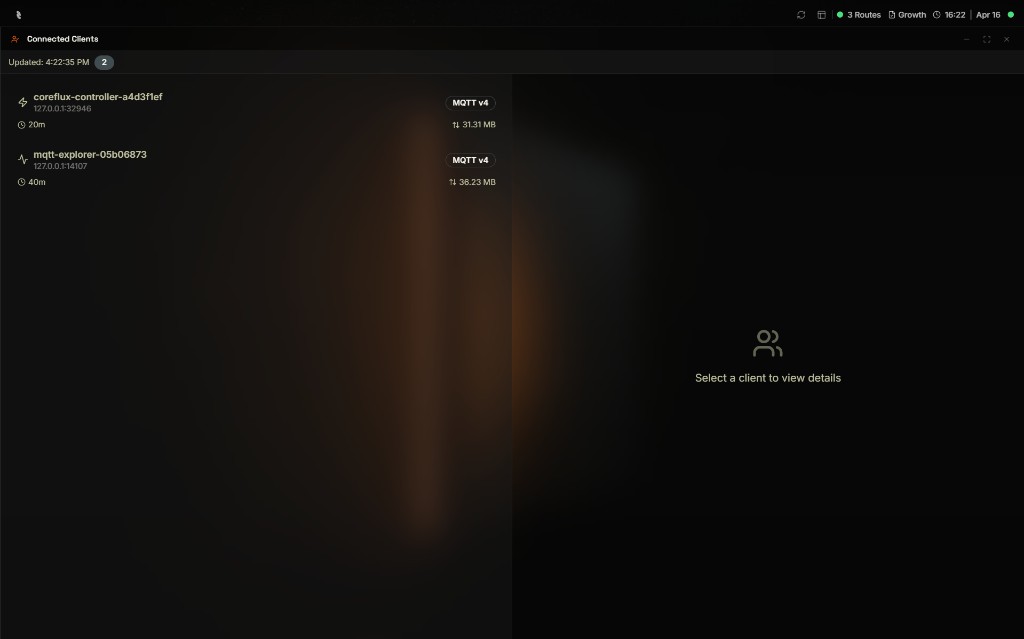 Coreflux HUB Connected Clients view listing two active MQTT v4 connections, coreflux-controller-a4d3f1ef at 127.0.0.1:32946 with 20m duration and 31.31 MB traffic and mqtt-explorer-05b06873 at 127.0.0.1:14107 with 40m duration and 36.23 MB traffic, and an empty detail panel on the right prompting to select a client to view details