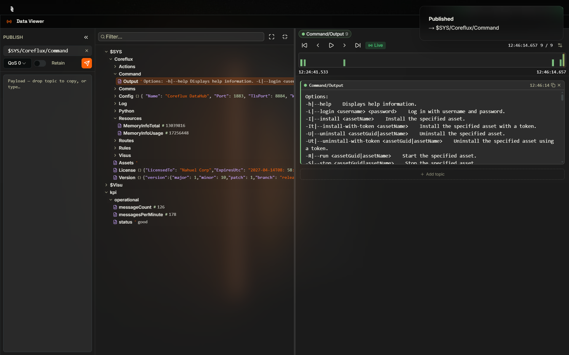 Coreflux HUB Data Viewer showing a published message to $SYS/Coreflux/Command with payload -h, a Message sent success toast, and the sent message displayed in the payload viewer