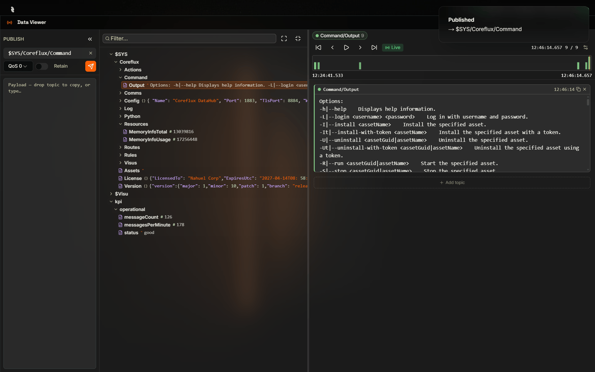 Coreflux HUB Data Viewer showing a published message to $SYS/Coreflux/Command with payload -h, a Message sent success toast, and the sent message displayed in the payload viewer