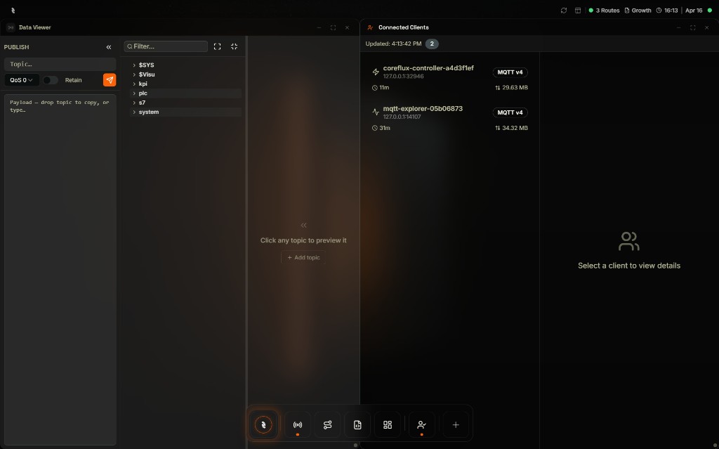 Coreflux HUB MQTT app showing Data Viewer with topic tree, publish panel, and Connected Clients list with client details