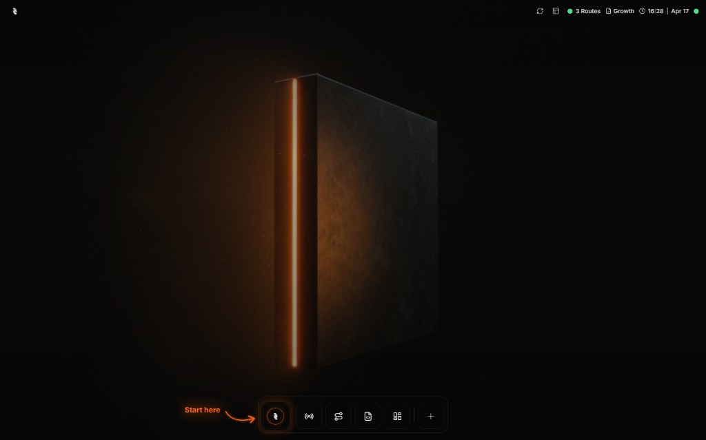 Coreflux HUB dashboard with Start here pointing to the first navigation icon