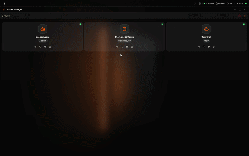 Coreflux HUB Route Configuration panel showing Visual Mode and LoT Mode toggle with configuration, events, and mappings tabs