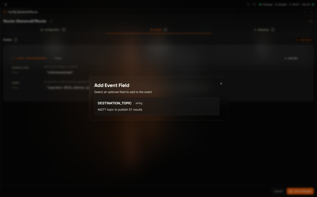 Coreflux HUB Add Event Field modal prompting to select an optional field to add to the event, showing a single option DESTINATION_TOPIC string described as MQTT topic to publish S7 results